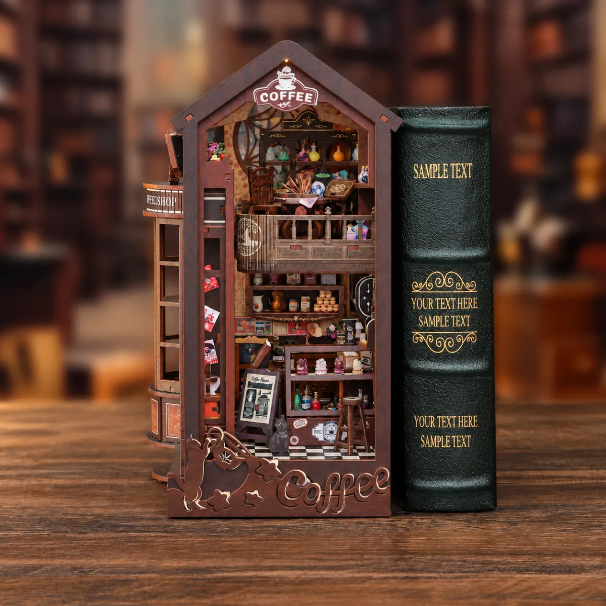 Magic Coffee House DIY Book Nook Kit with lights off