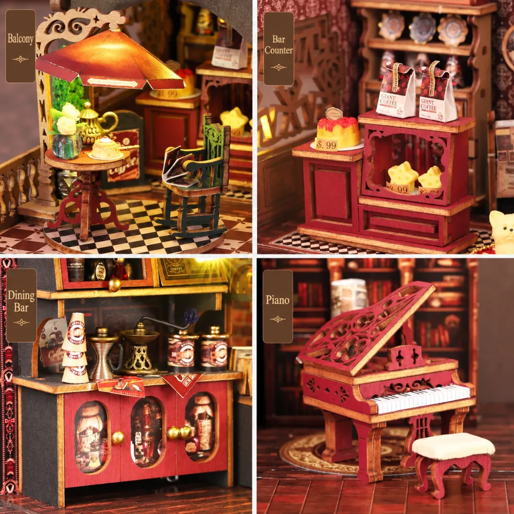 Melody Pages Cafe miniature kit featuring musical instruments and cozy coffee shop details