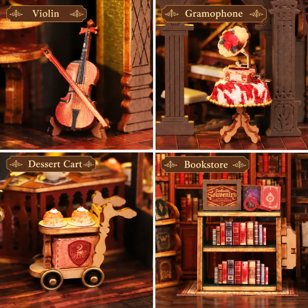 Letter Coffee miniature cafe with bookshelves coffee bar and warm LED lighting