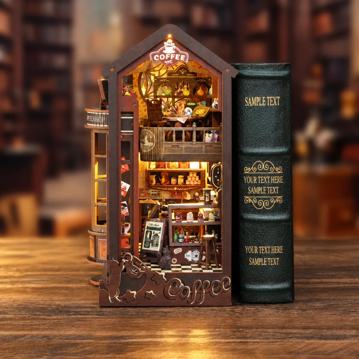 Magic Coffee House DIY Book Nook Kit with lights on