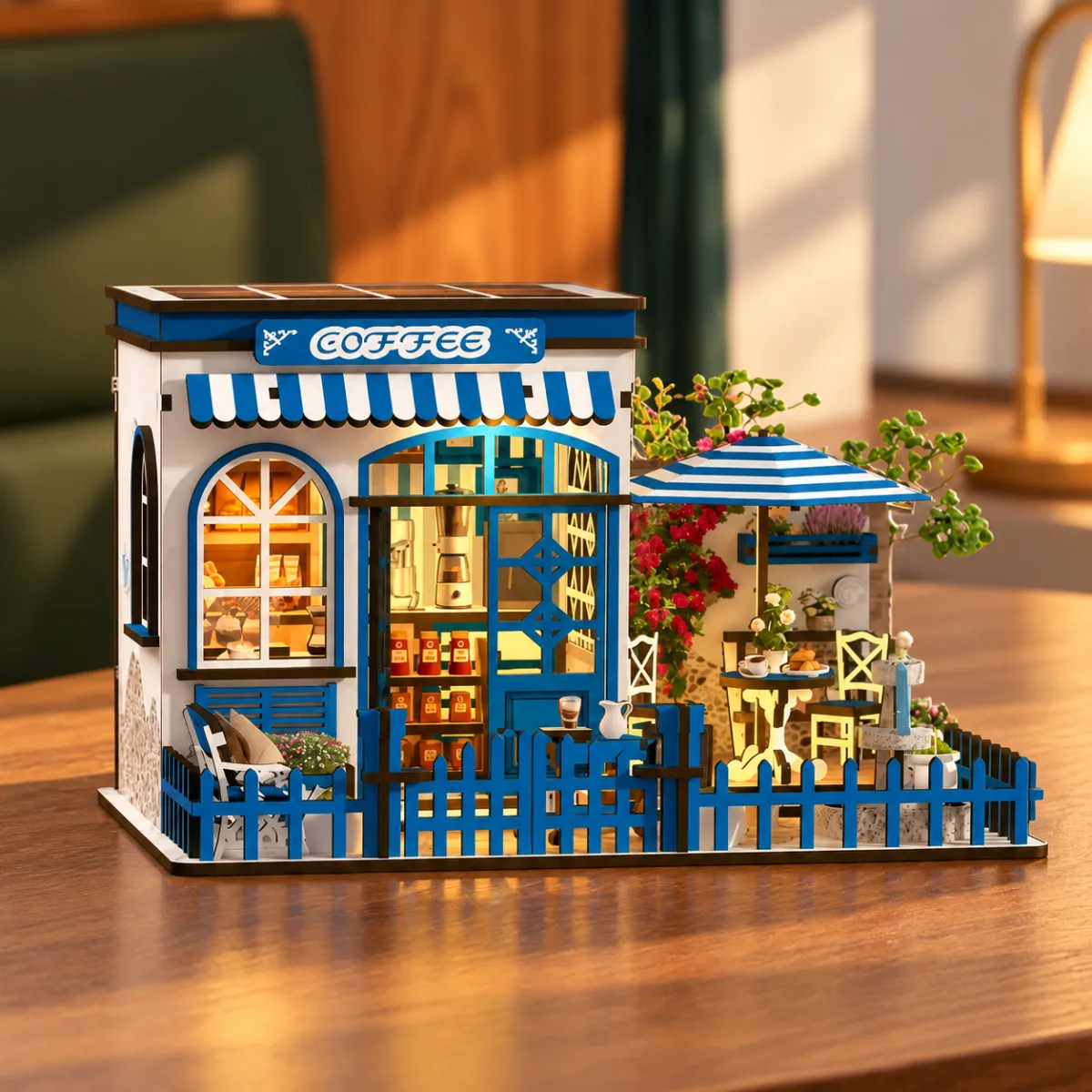 Santorini Sun Coffee DIY Mini House Kit | DIY Miniature Kit with lights on