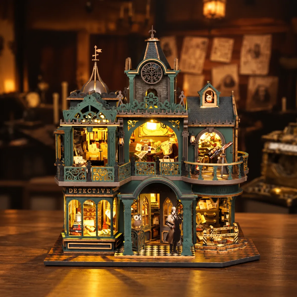 Green Detective Agency DIY Mini House Kit l DIY Miniature Kit with lights on