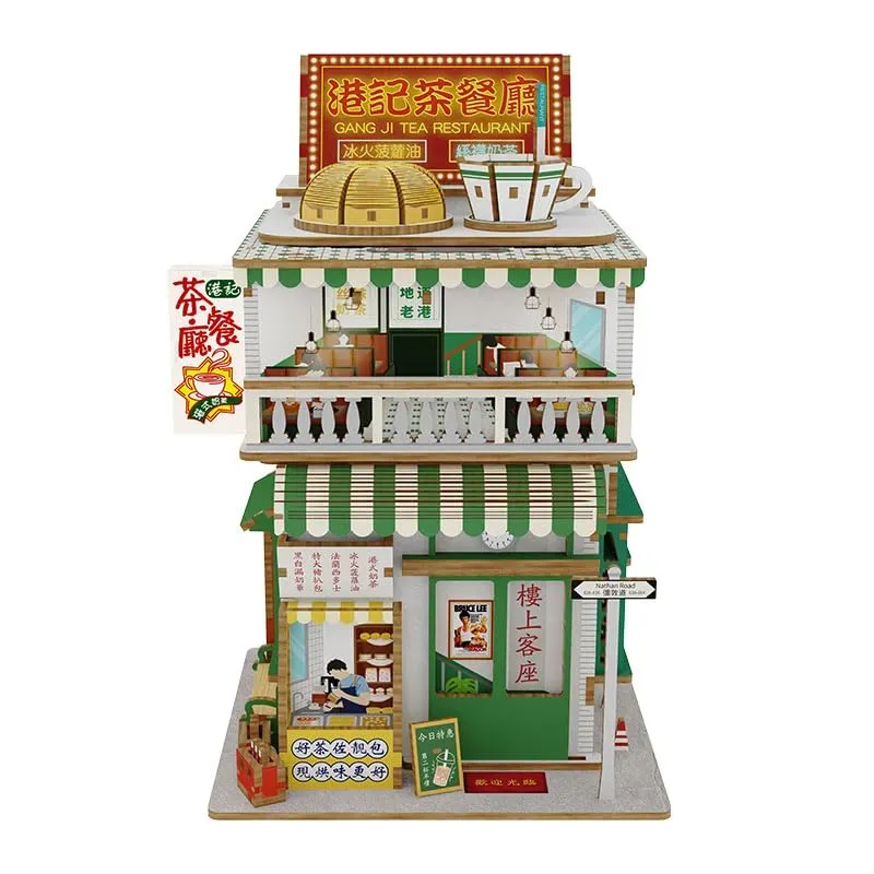 Bouwdetails van Hong Kong Tea House Houten Puzzel Miniatuur Poppenhuis Opslagdoos Kit