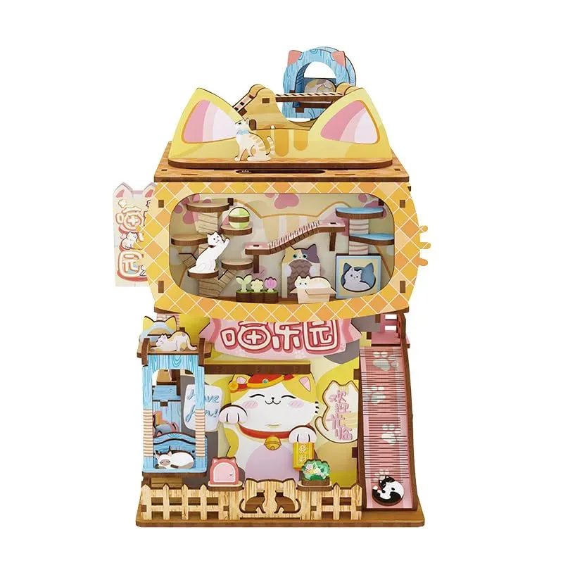 Bouwdetails van Kattenhuis Houten Puzzel Miniatuur Poppenhuis Opslagdoos Kit