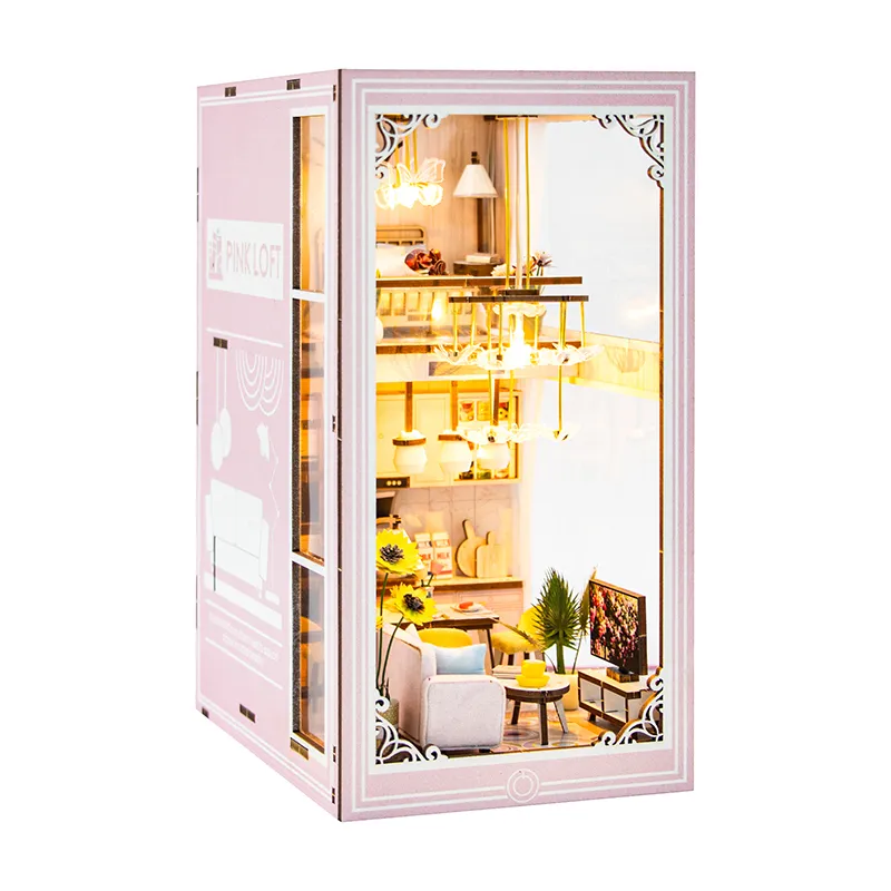 DIY Book Nook Kit – Roze Appartement – Miniatuur Loft Stijl – 3D Puzzel Boekensteun – Handgemaakt Cadeau Voor Volwassenen – Gemiddelde Moeilijkheidsgraad