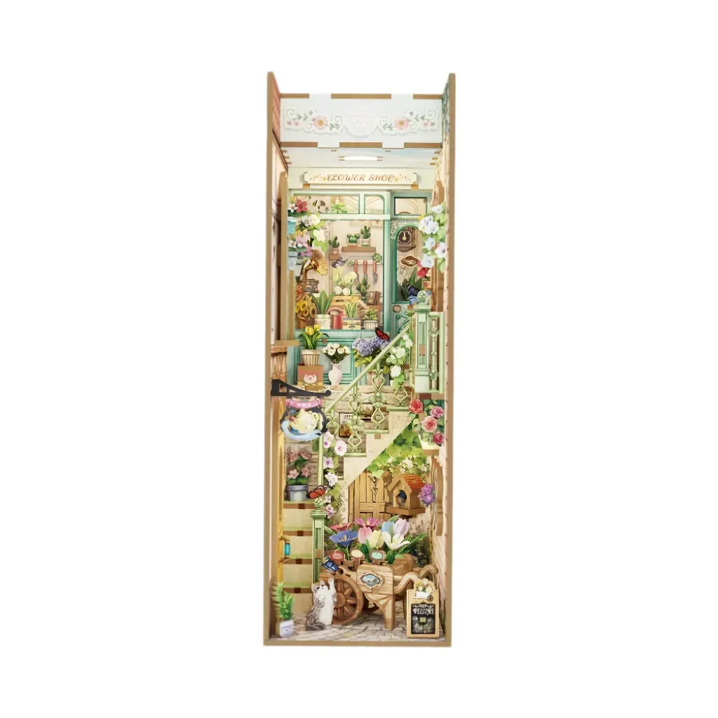 Bouwdetails van DIY-boekenhoekje voor een bloemenwinkel