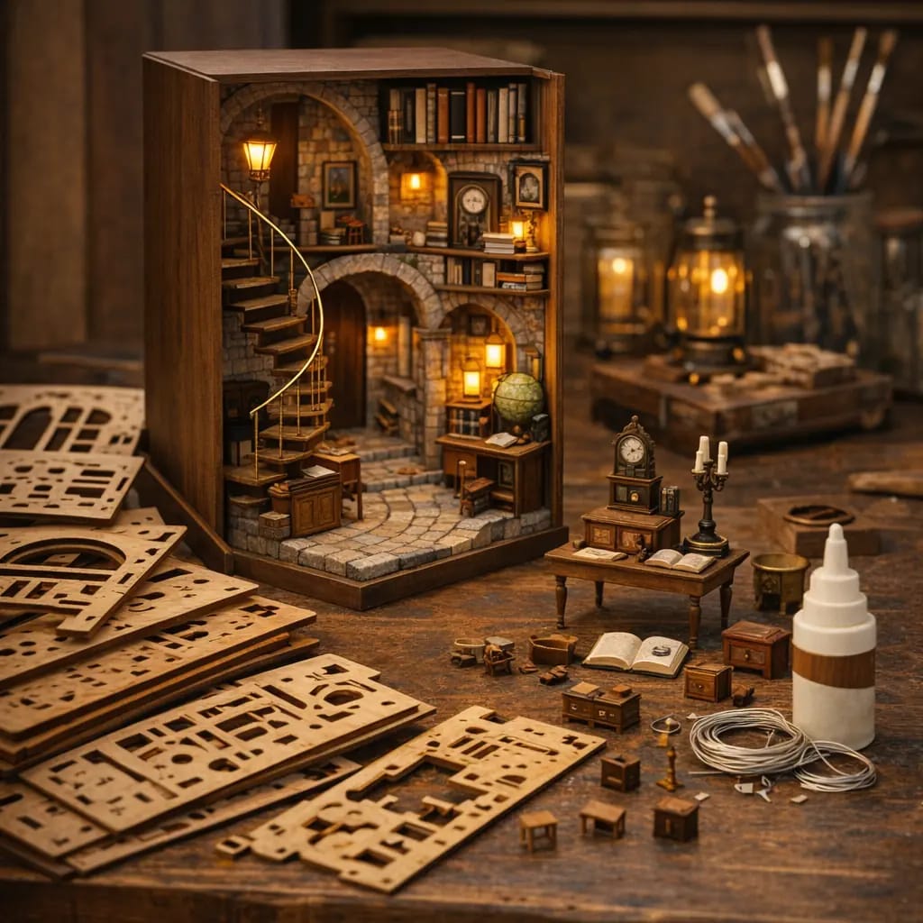 Advanced DIY kit collection featuring book nook dioramas, miniature scenes, and 3D mechanical wooden puzzles with complex gear structures and motor-driven mechanisms