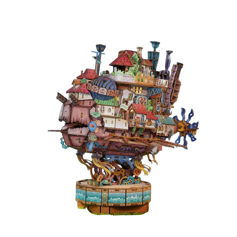 Bouwdetails van Gemotoriseerde Wandelende Kasteel 3D Mechanische Houten Puzzel Kit met LED Licht en Muziekdoos
