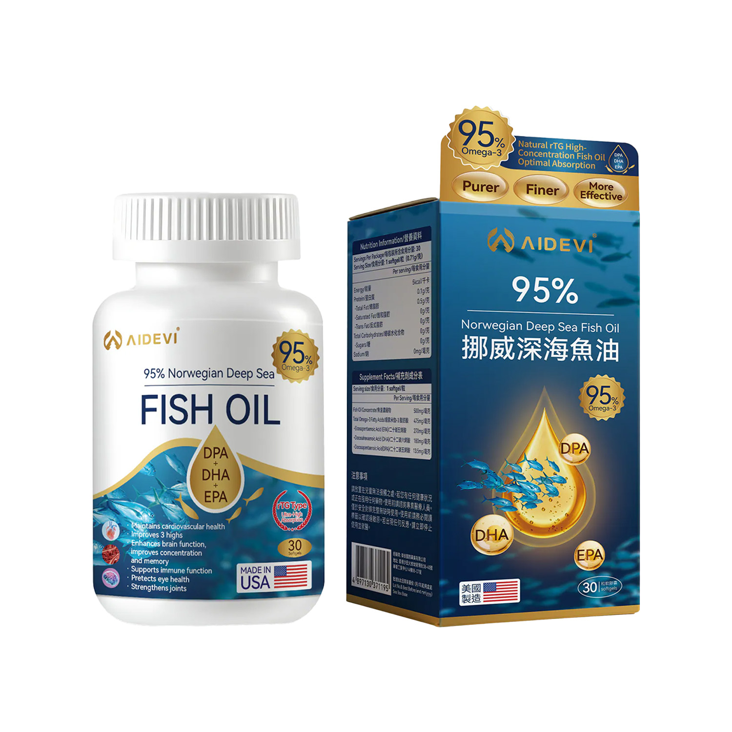 AIDEVI® 95% Norwegian Deep Sea Fish Oil Softgels