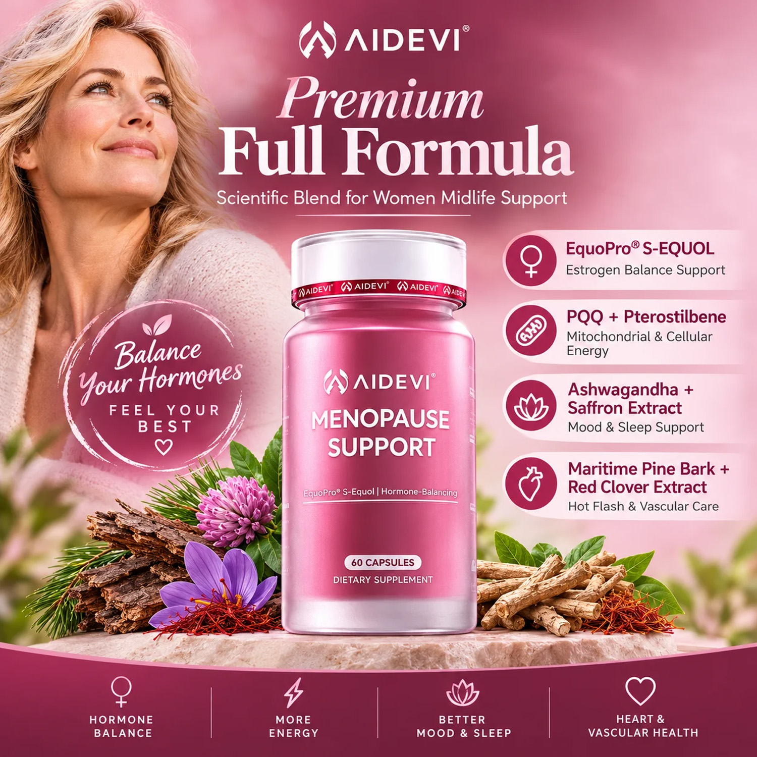 AIDEVI Menopause Support Complex – S-Equol & PQQ for Hot Flashes & Balance – 60 Capsules