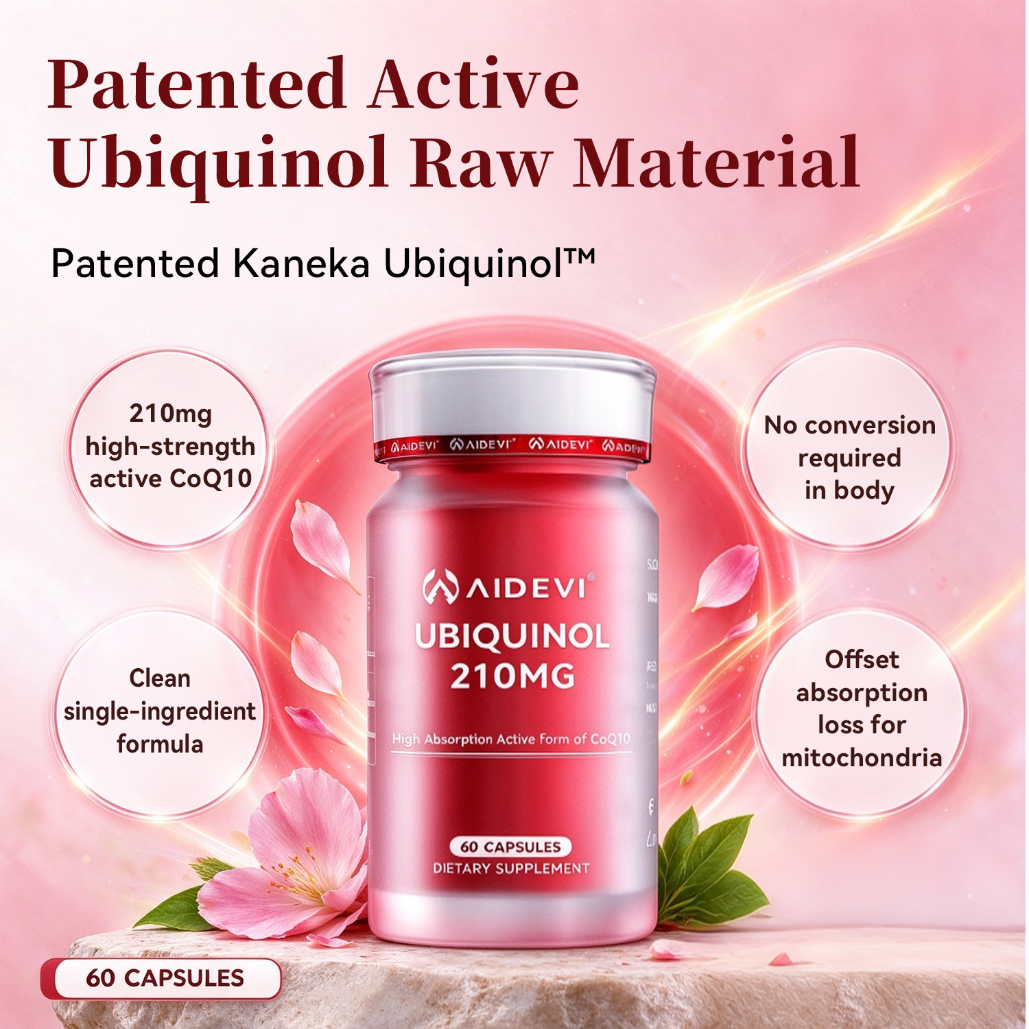 AIDEVI Ubiquinol 210mg – Kaneka Active CoQ10 for Heart & Cellular Energy – 60 Softgels