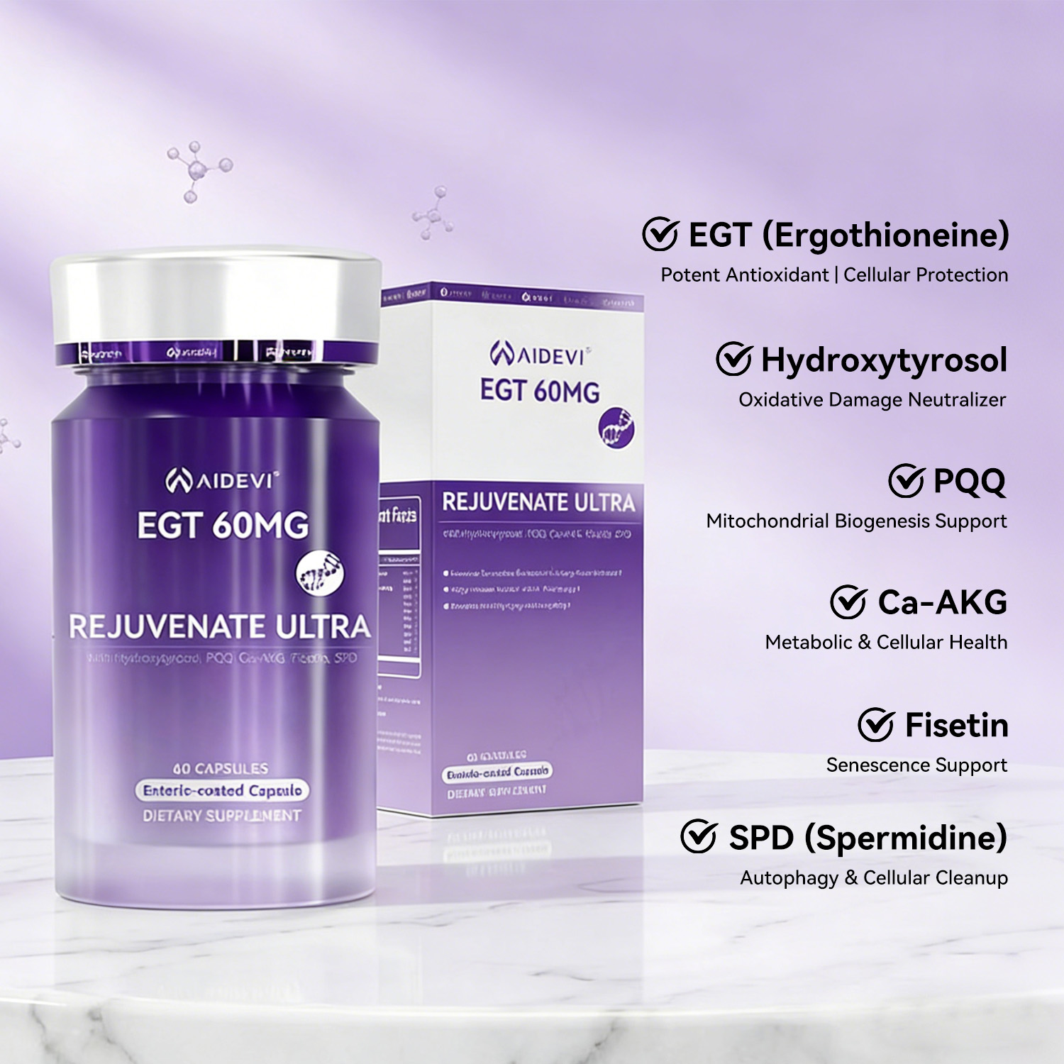 AIDEVI Ergothioneine EGT Supplement 60 Caps 60mg - Ultimate Antioxidant for Cellular Protection and Longevity-AIDEVI