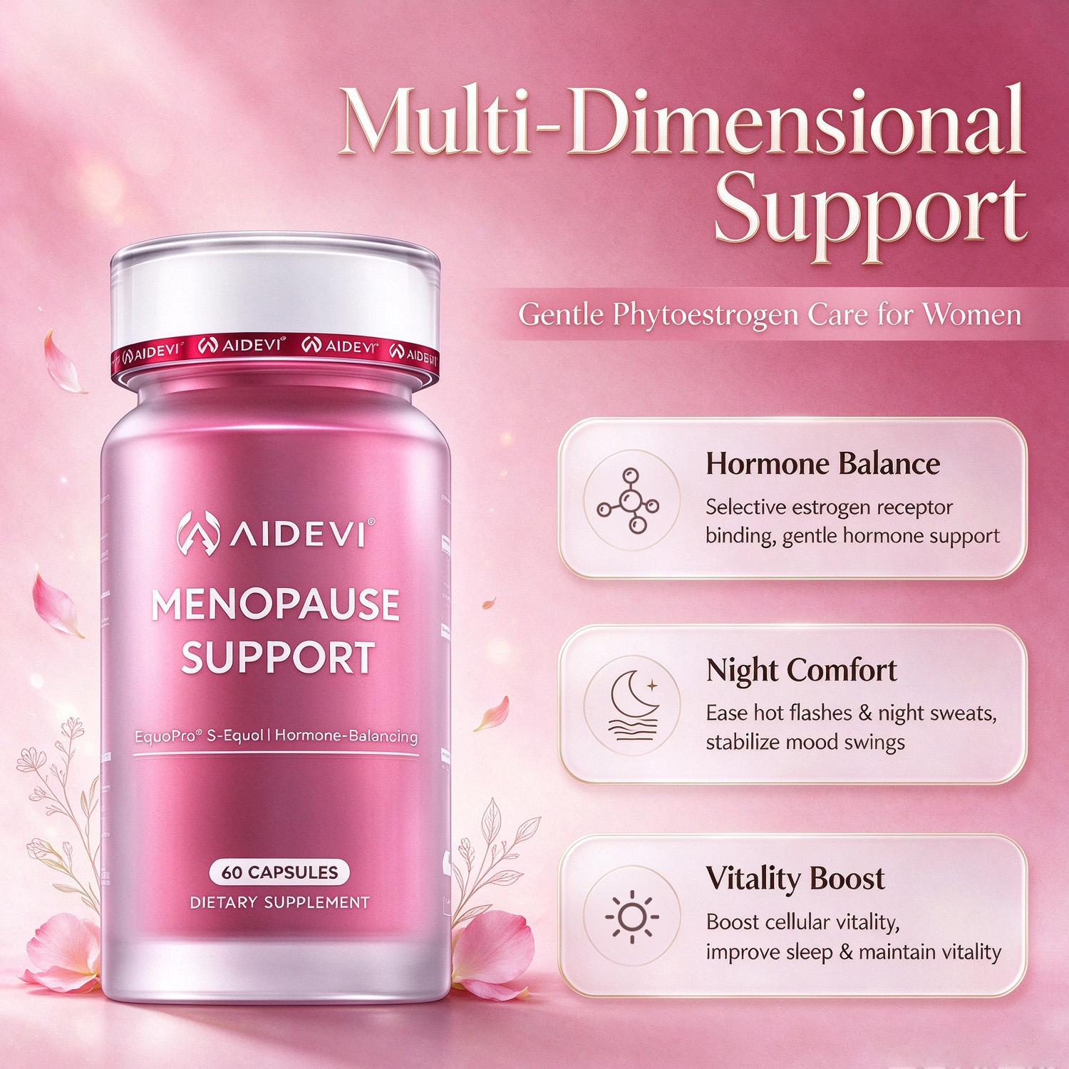 AIDEVI Menopause Support Complex – S-Equol & PQQ for Hot Flashes & Balance – 60 Capsules