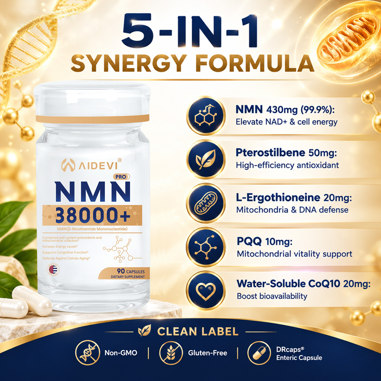 AIDEVI NMN 38000+ Five-Ingredient Formula | High-Dose NMN with Synergistic Actives