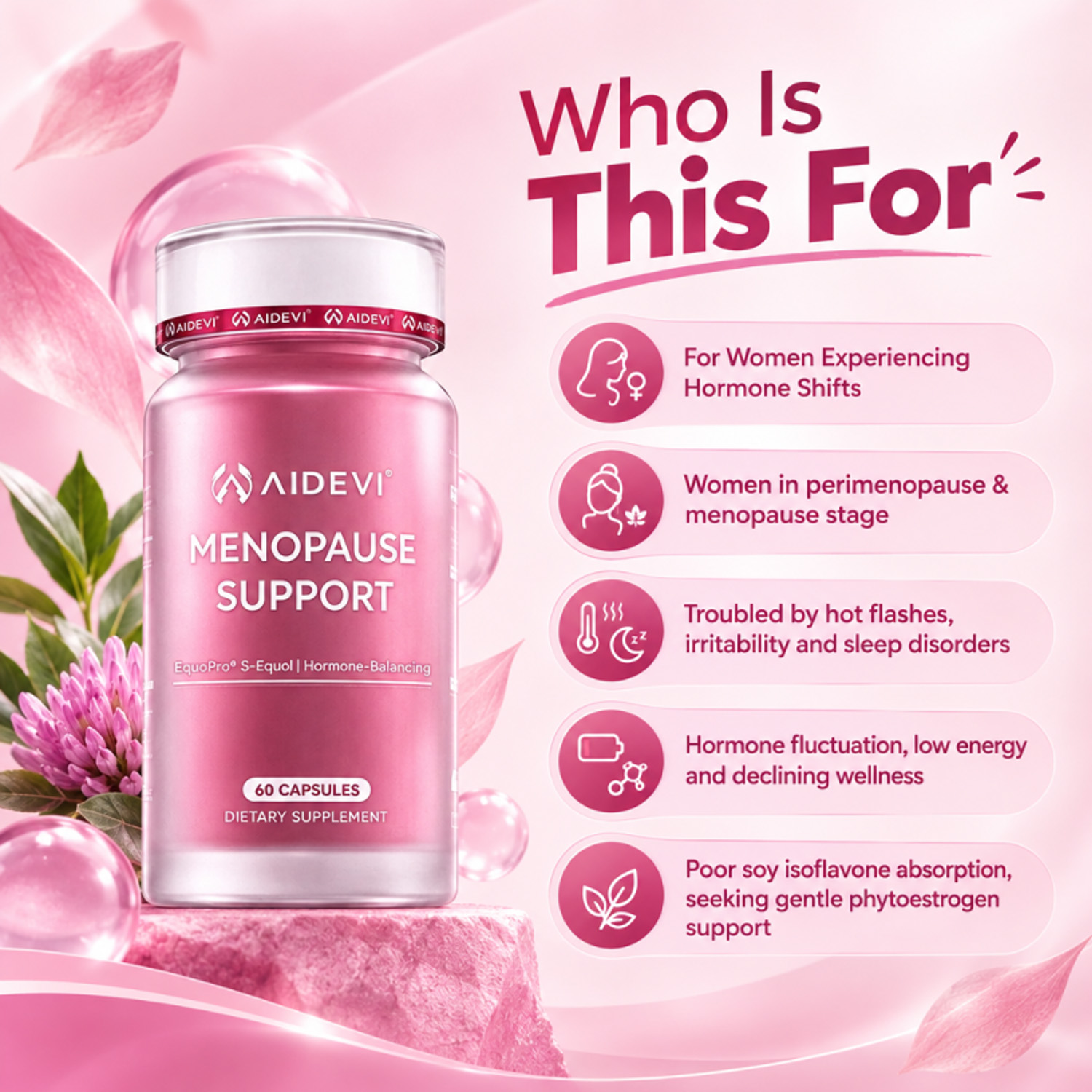 AIDEVI Menopause Support Complex – S-Equol & PQQ for Hot Flashes & Balance – 60 Capsules
