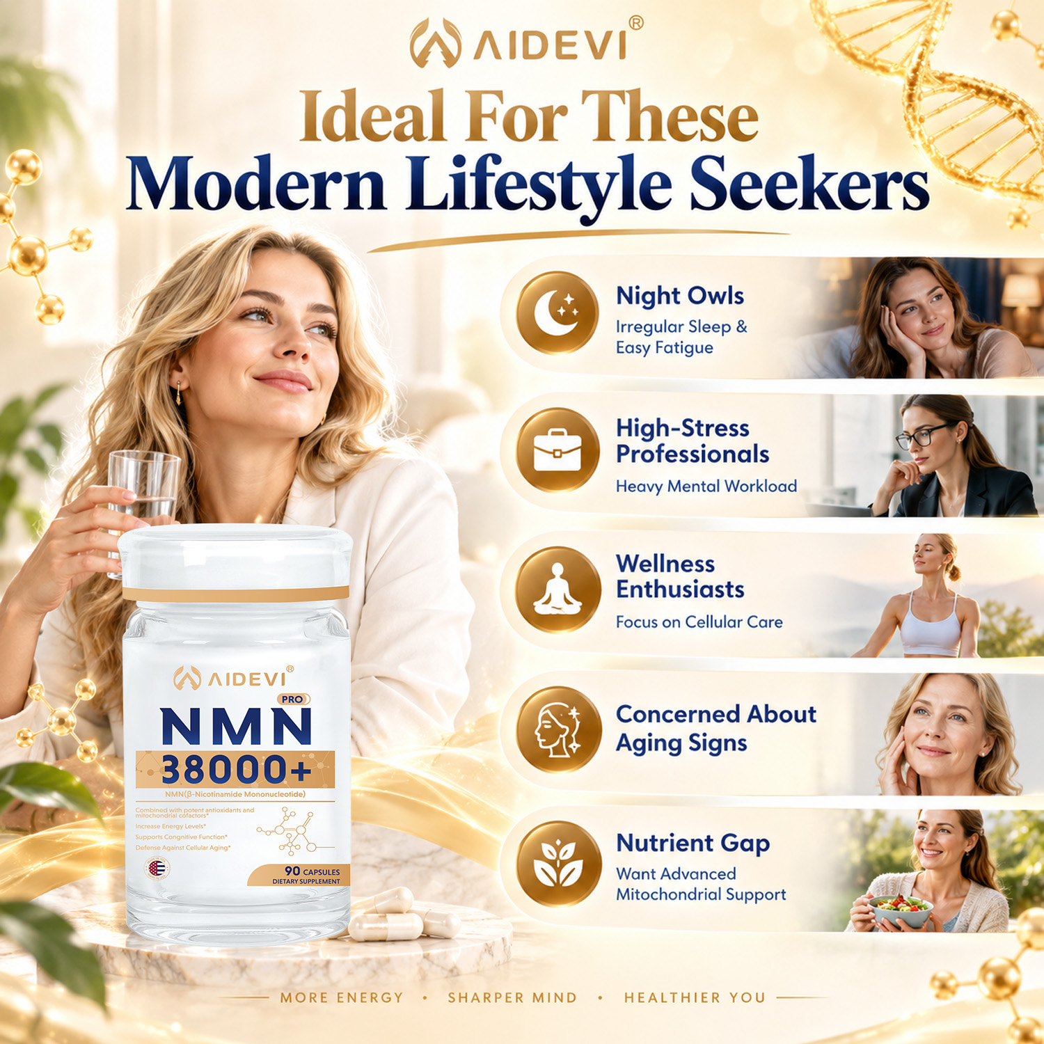 AIDEVI NMN 38000+ Five-Ingredient Formula | High-Dose NMN with Synergistic Actives