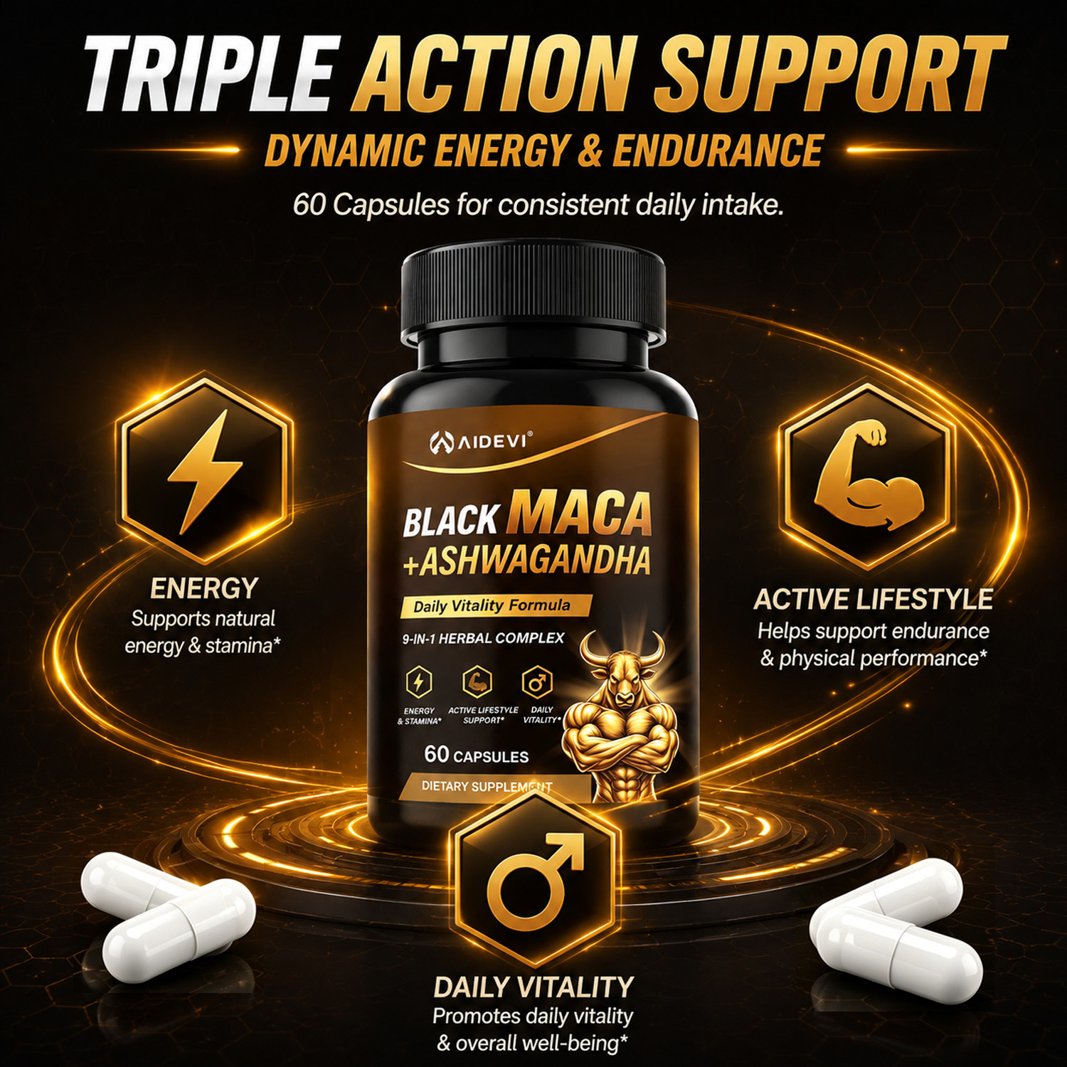 AIDEVI Black Maca & Ashwagandha for Energy, Stamina & Drive