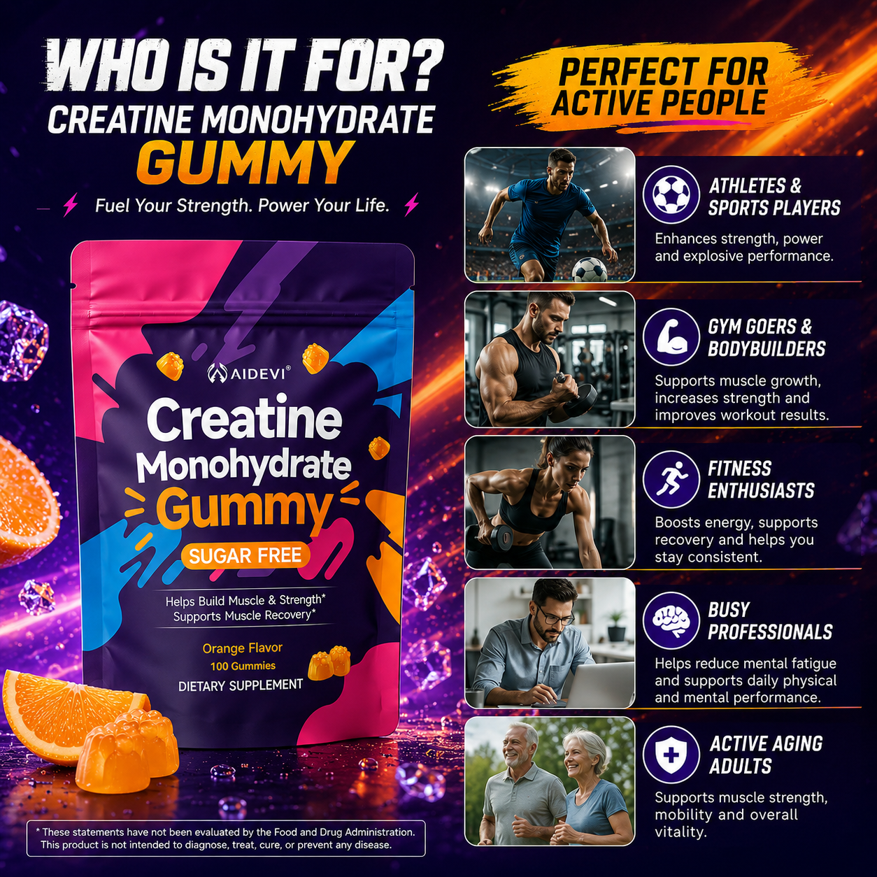 AIDEVI Creatine Monohydrate 100 Gummies Orange Flavor for Strength & Power