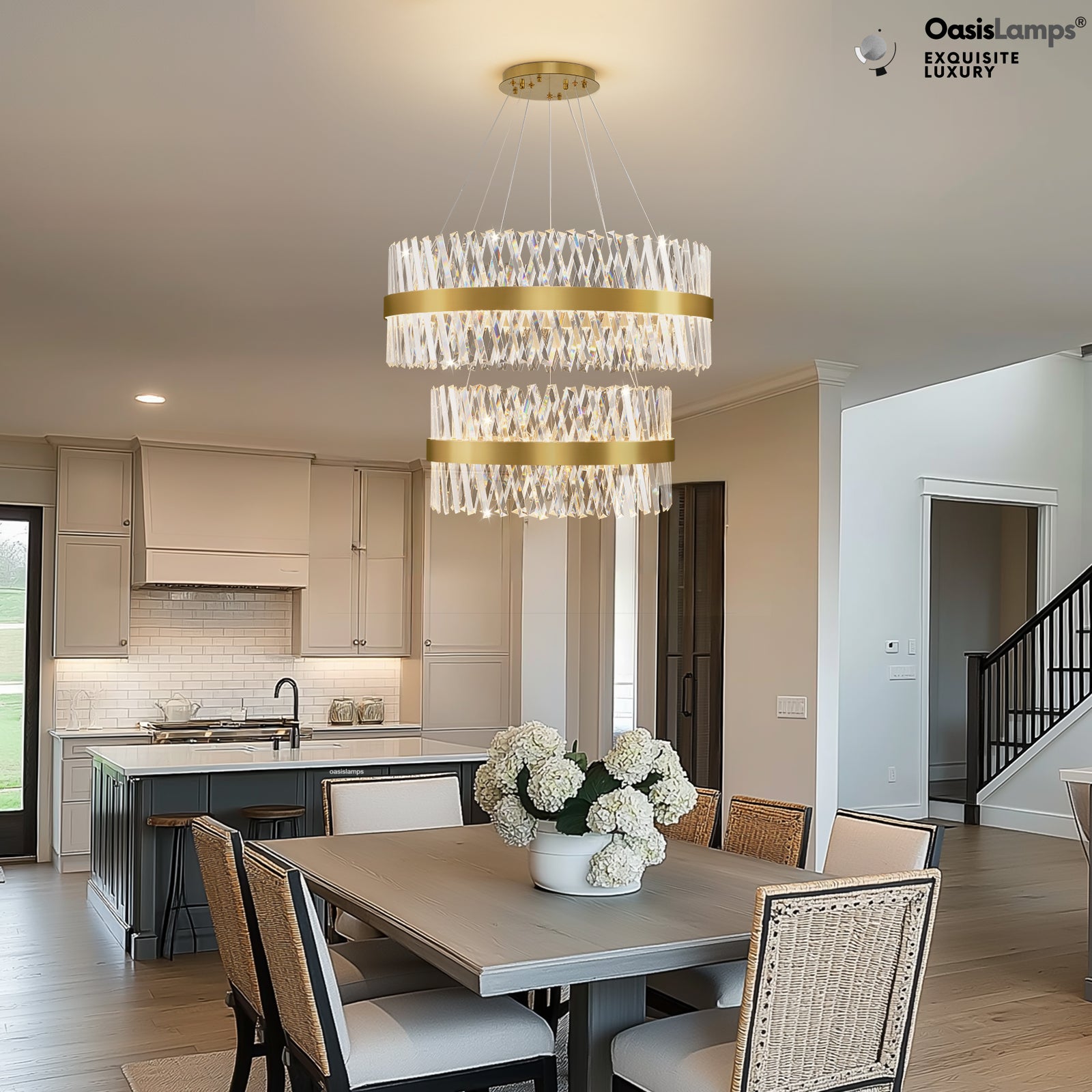 Vetro Prism Crystal 2-Tier Chandelier 31.5" 40" L#Color_Brass,size_D31.5"+D23.6"