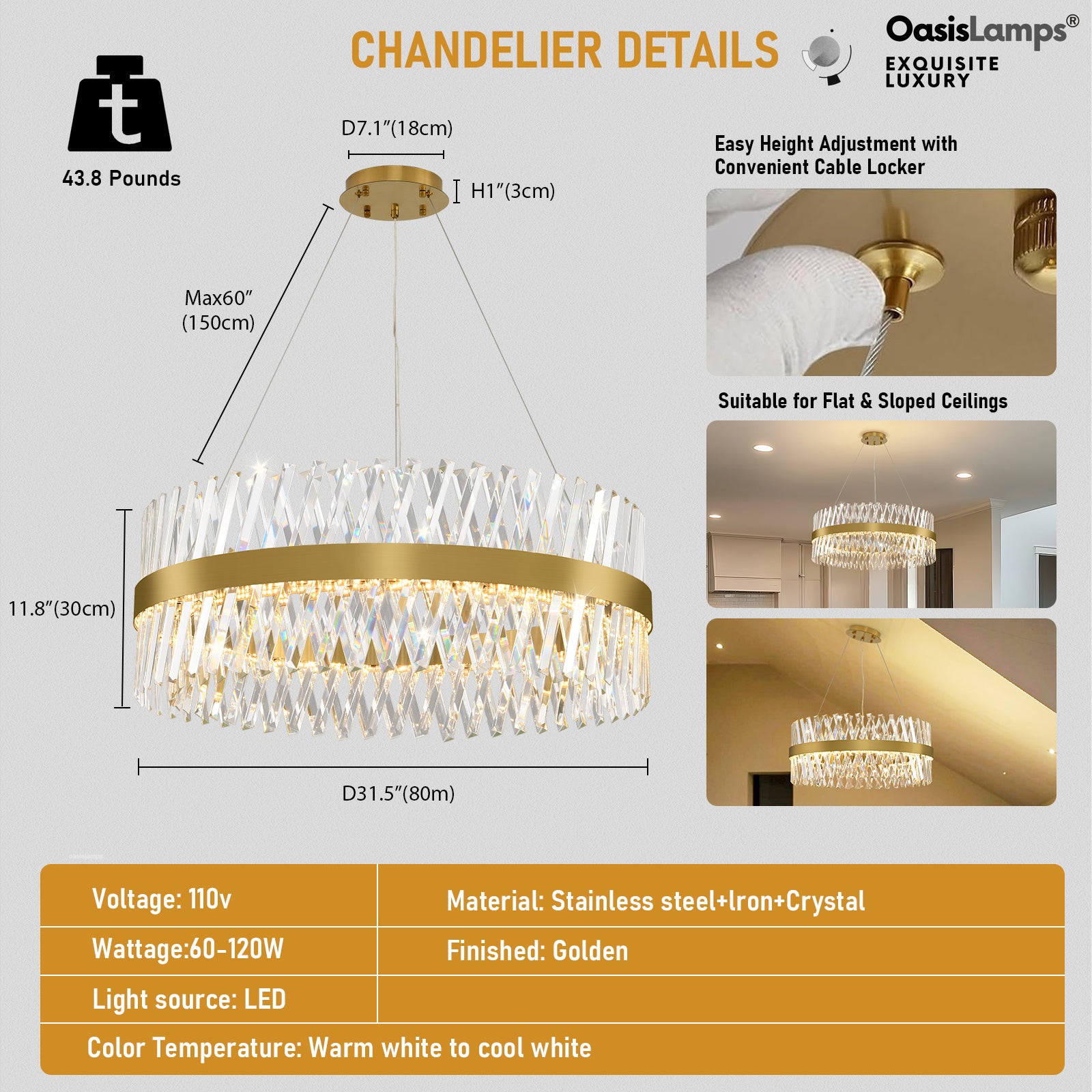 Vetro Prism Crystal Round Chandelier 23.6" 31.5" 40"D#Color_Brass,size_31.5"D