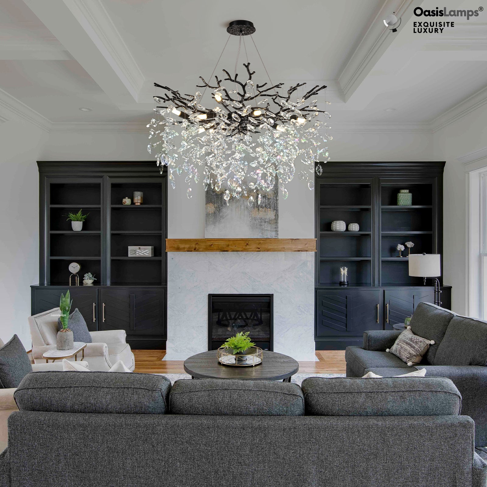 Frostleaf Cascade Branch Crystal Round Chandelier 30" 40" D#color_black,size_D-30inches