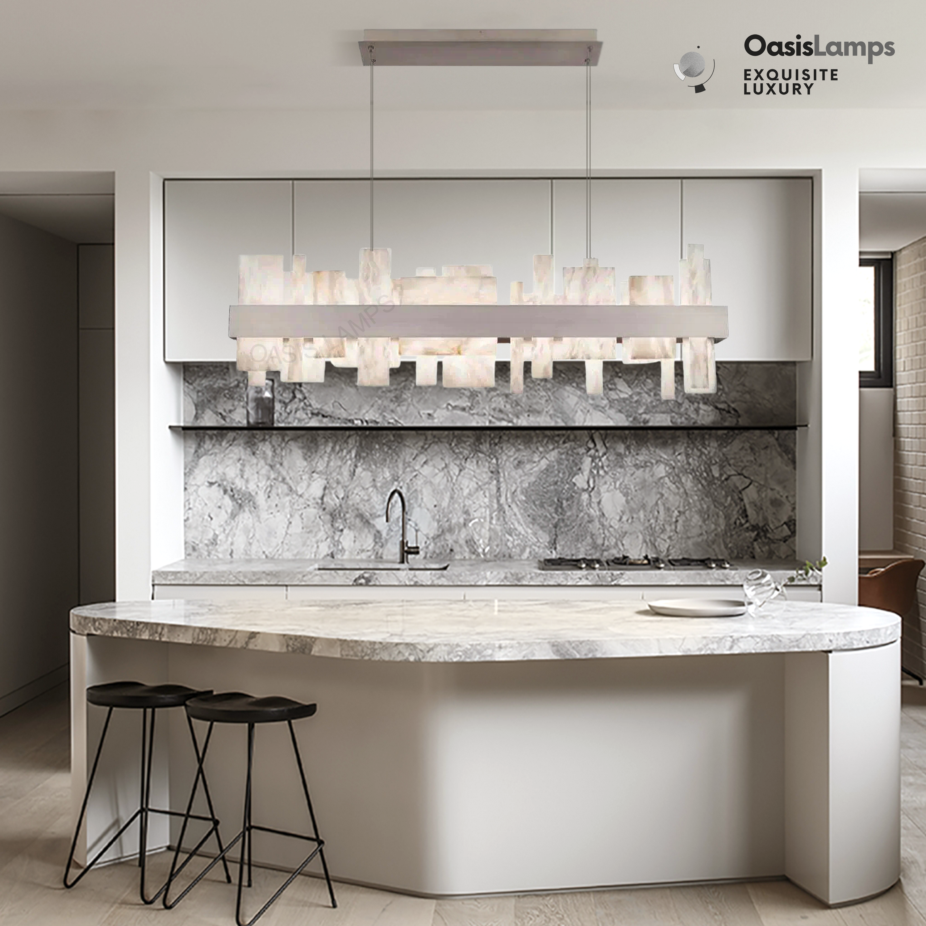 Swang Acropolis 46in LED Linear Alabaster Chandelier#Finish_Nickel