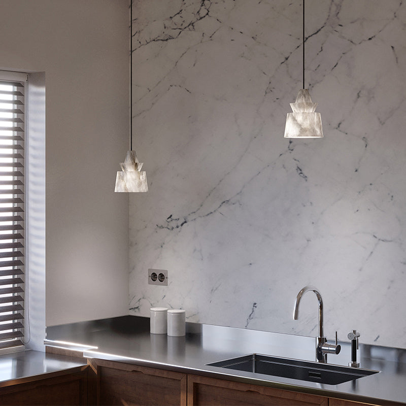 Floy Theseus Alabaster Pendant Light Beside Coffee Table