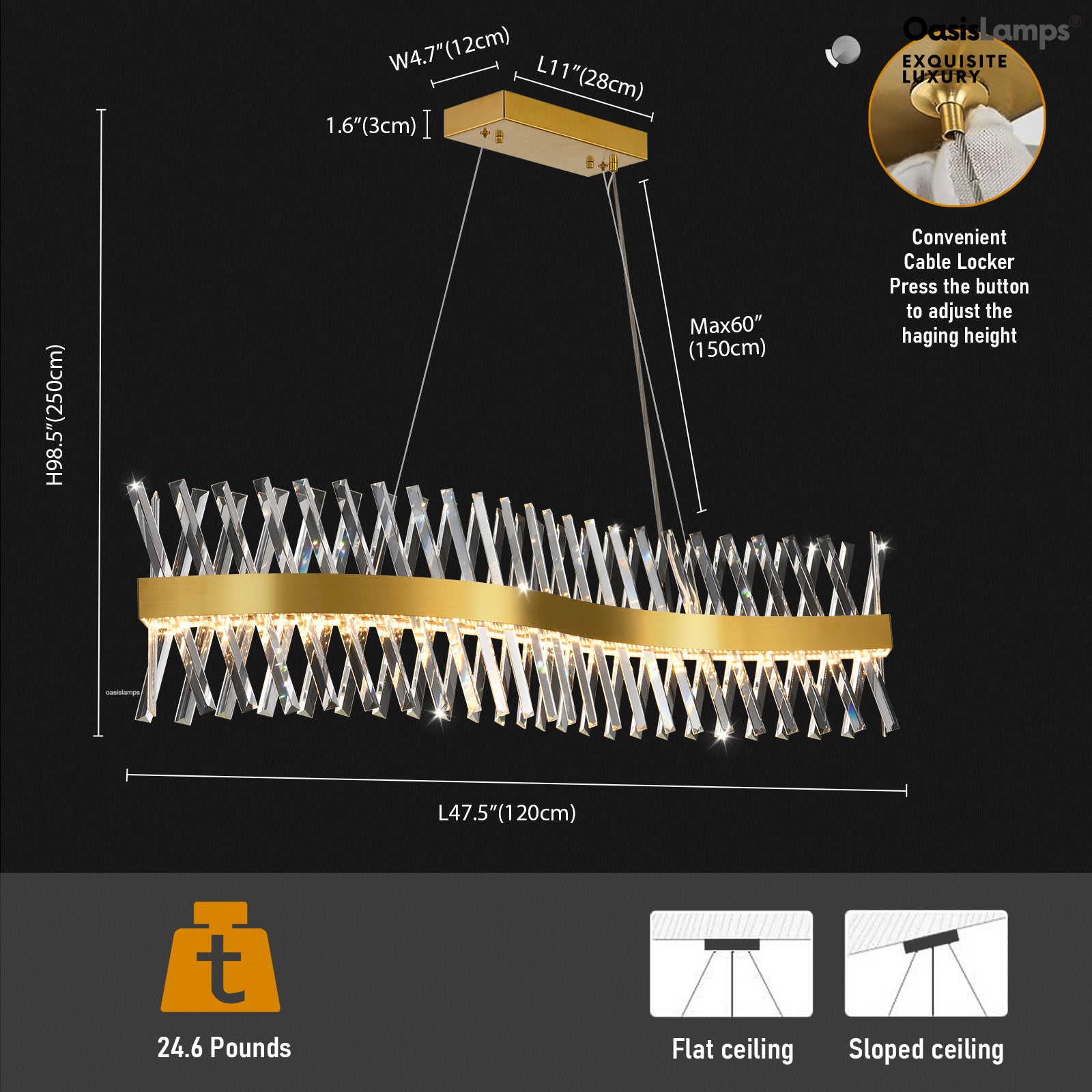 Vetro Prism Crystal Rectangular Chandelier 40" 47"L#Color_Brass,size_47"L