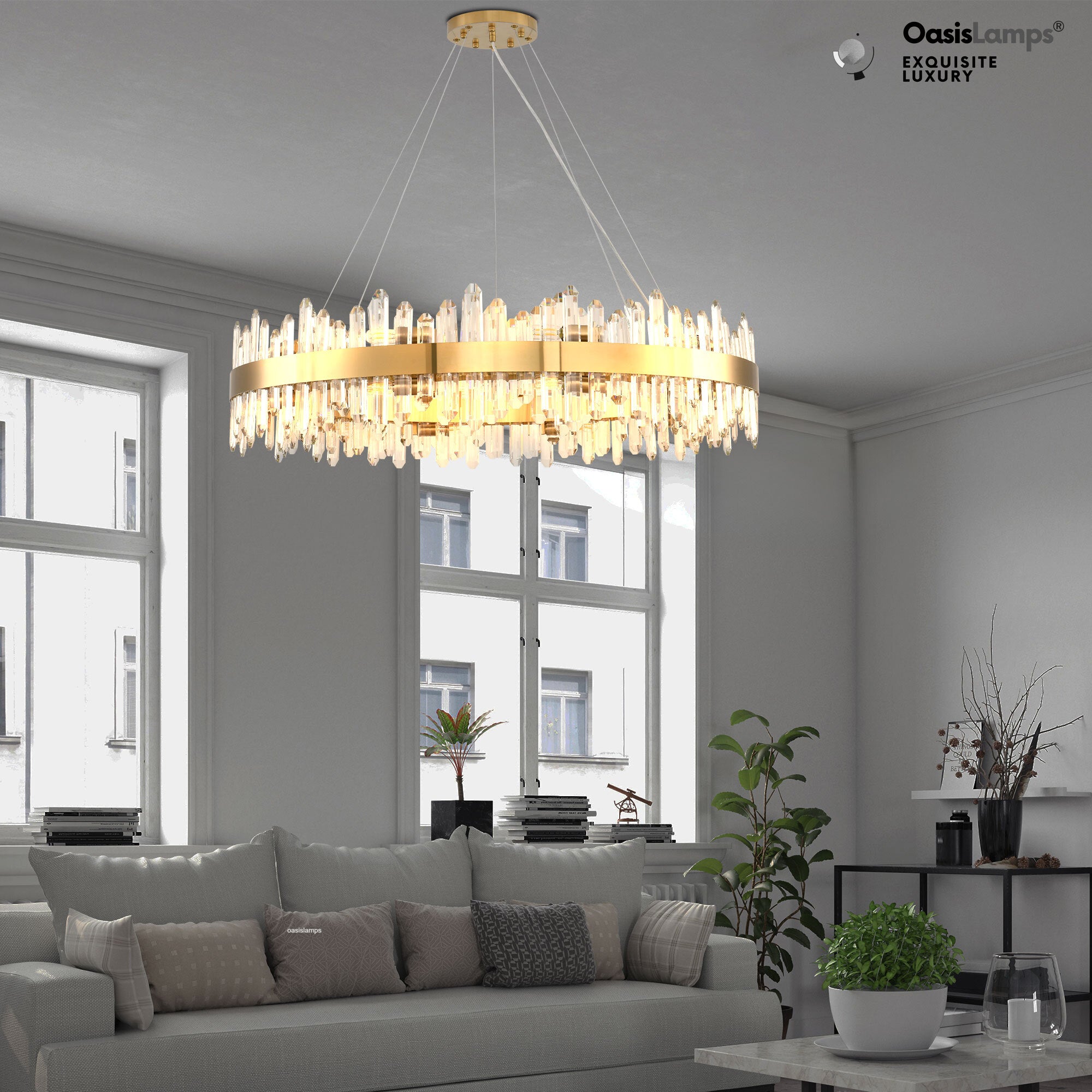 Stellara Crystal Strip Round Halo Chandelier 24" 32" 40"D#color_brass,size_40''D