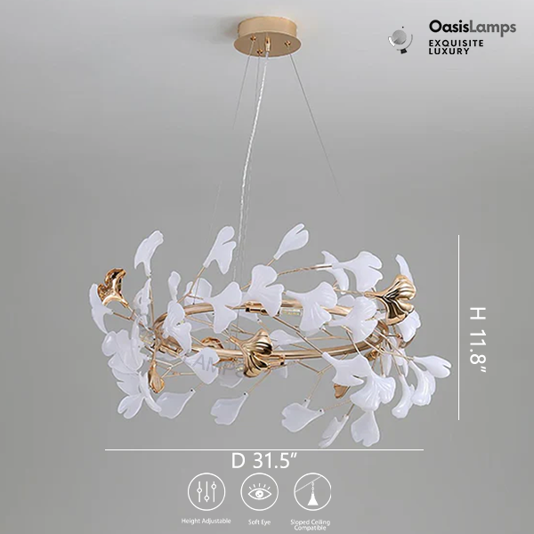 Twilight Branches Ceramic Gingko Chandelier T#size_Model A ∅ 31.5″ x H 11.8″