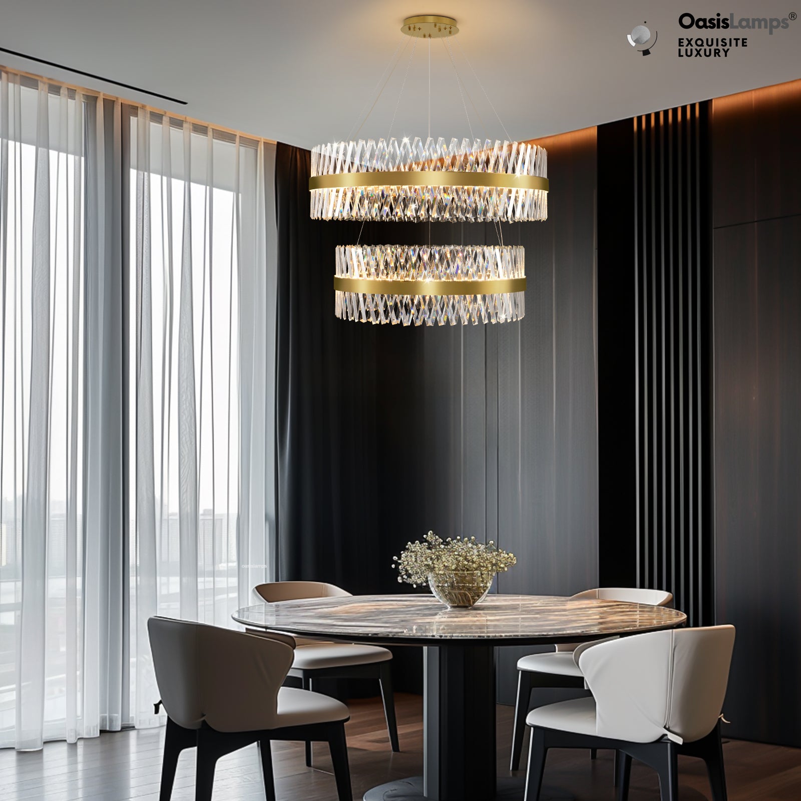 Vetro Prism Crystal 2-Tier Chandelier 31.5" 40" L#Color_Brass,size_D40"+D31.5"