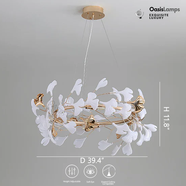 Twilight Branches Ceramic Gingko Chandelier T#size_Model A ∅ 39.4″ x H 11.8″
