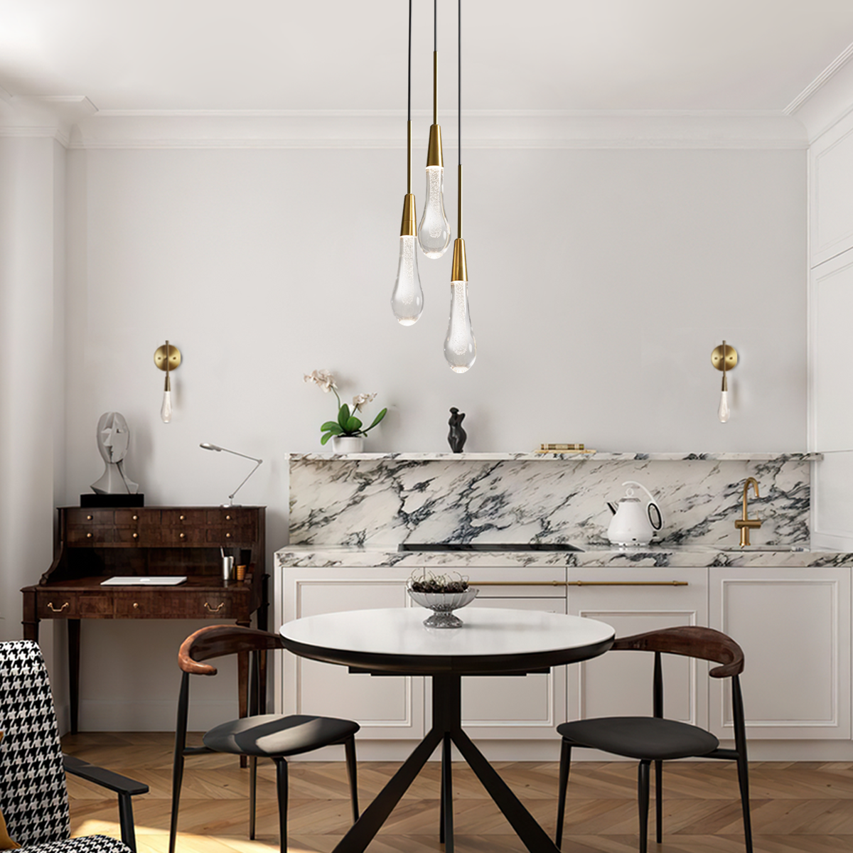 Elara Solitaires Round Crystal Pendant-3 lights 5 lights 7 lights#color_brass,size_3 lights