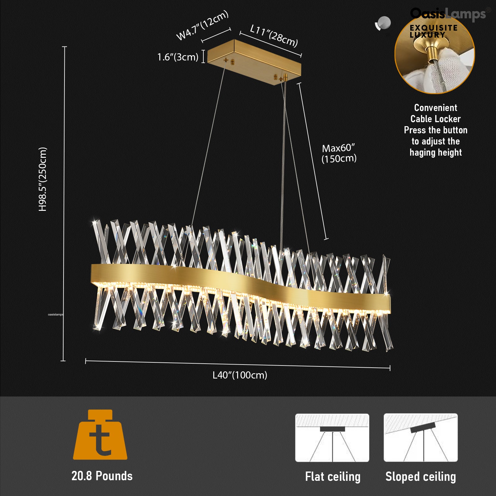 Vetro Prism Crystal Rectangular Chandelier 40" 47"L#Color_Brass,size_40"L