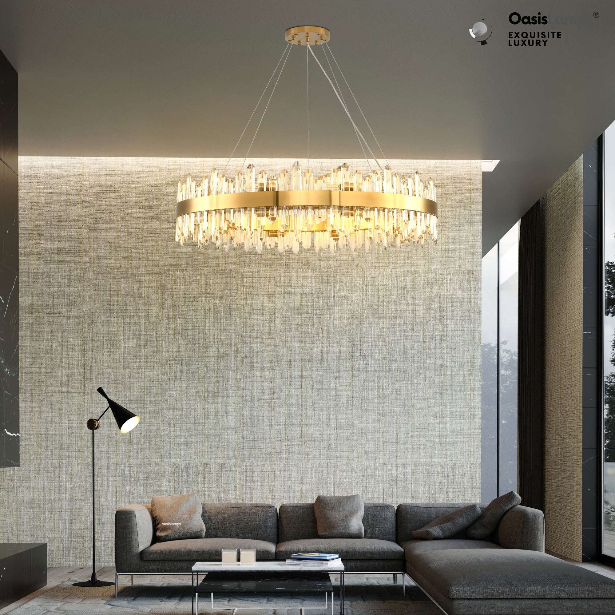 Stellara Crystal Strip Round Halo Chandelier 24" 32" 40"D#color_brass,size_40''D