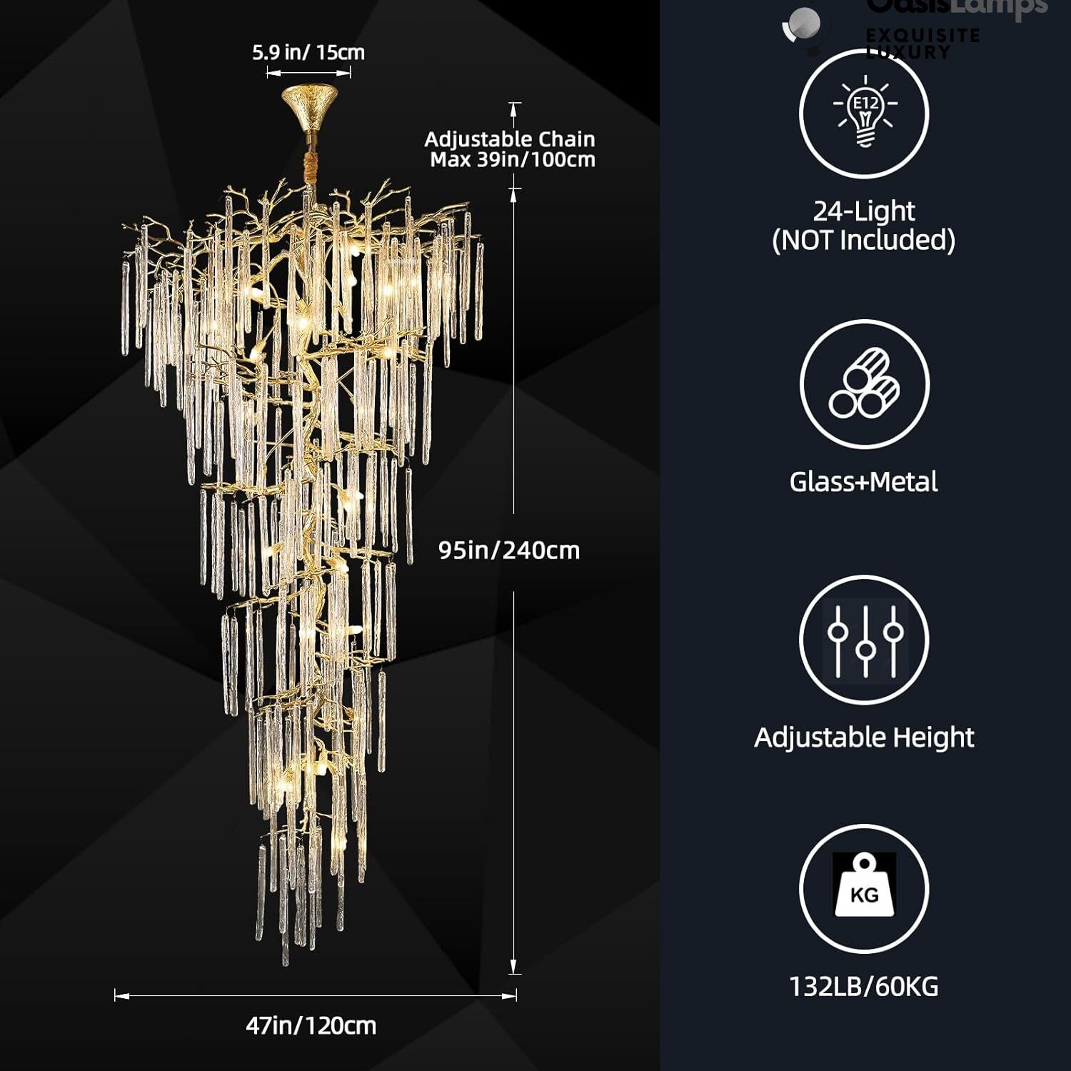 Ice Strip Modern Crystal Tree Branch Staircase Chandelier 95"