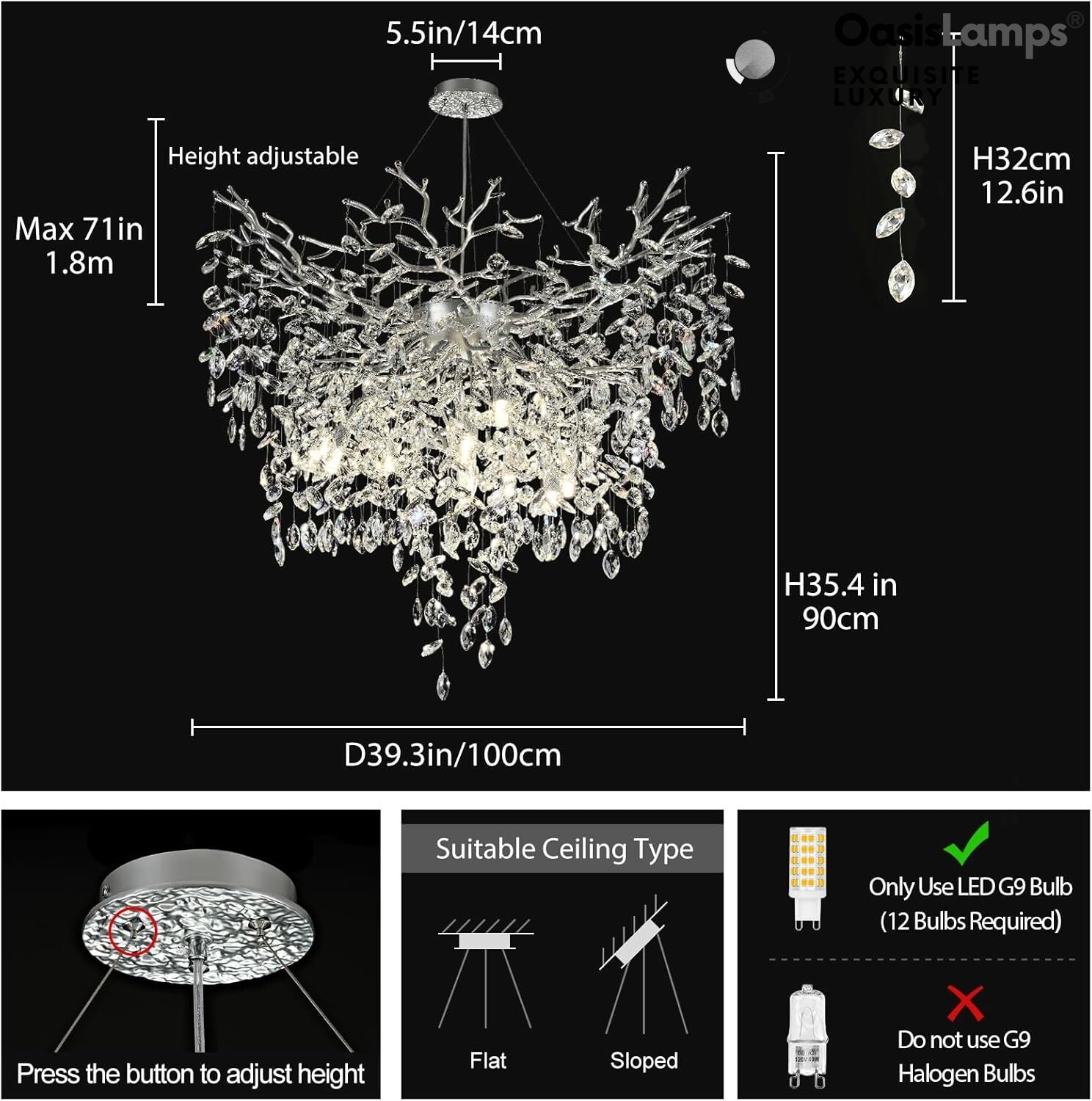 Frostleaf Grand Cascade Branches Chandelier 21'' 24" 32" 40"D#finish_silver,size_40"