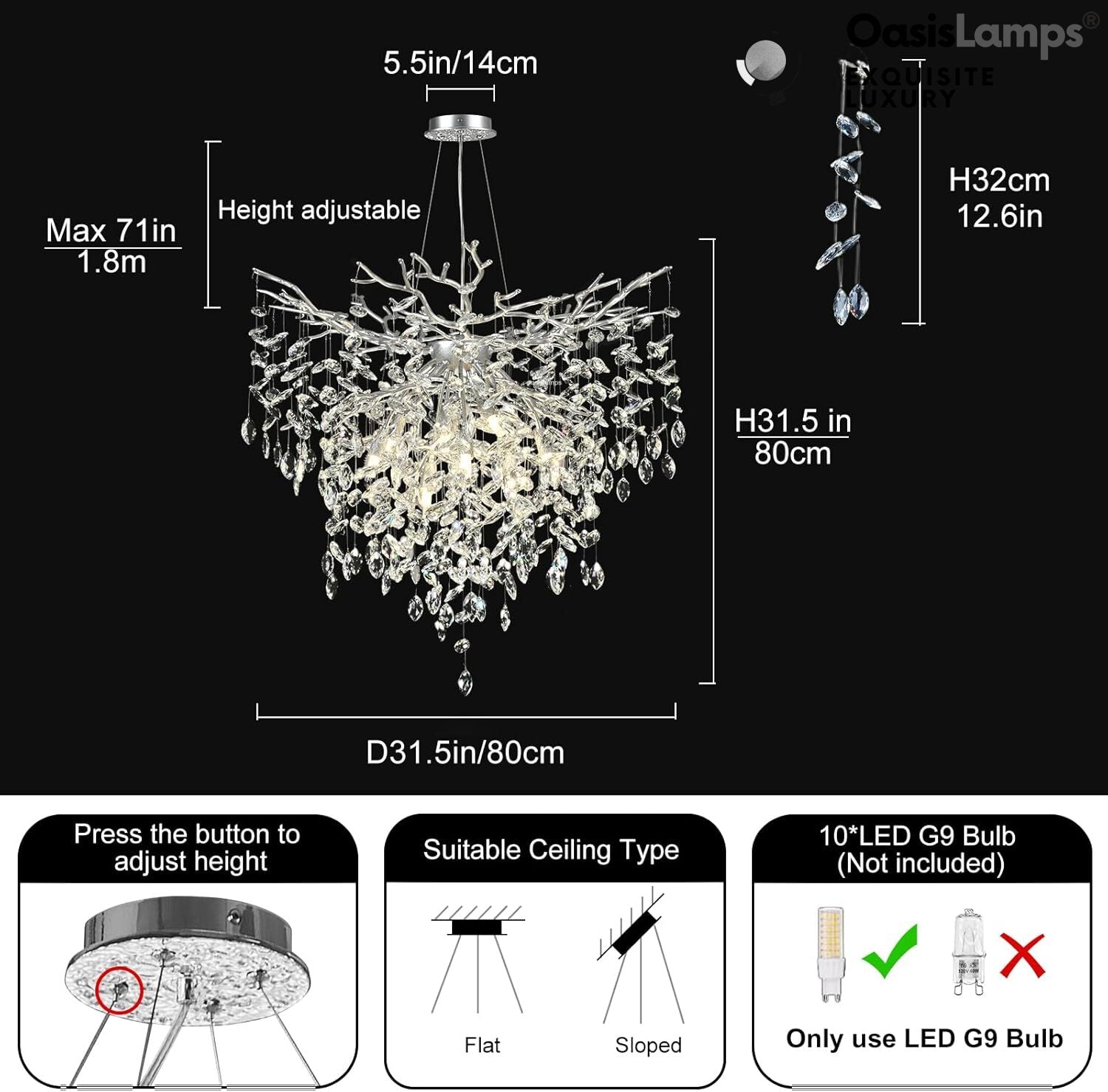 Frostleaf Grand Cascade Branches Chandelier 21'' 24" 32" 40"D#finish_silver,size_32"
