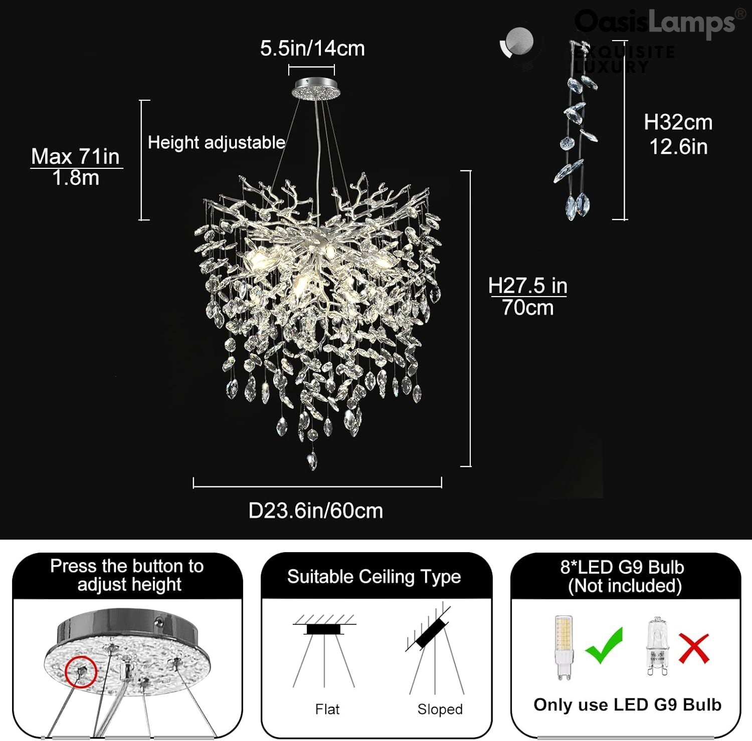 Frostleaf Grand Cascade Branches Chandelier 21'' 24" 32" 40"D#finish_silver,size_24"