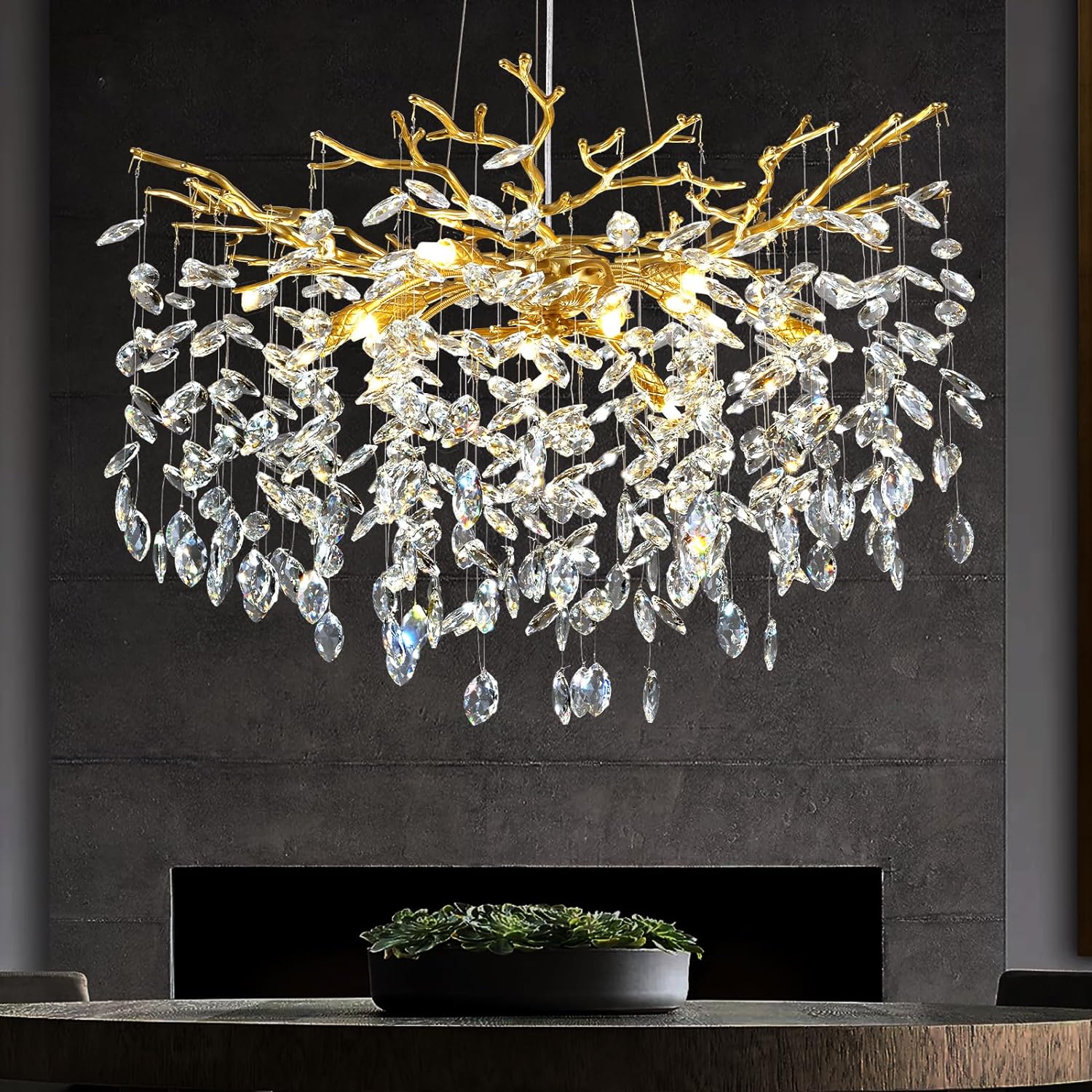 Frostleaf Cascade Branch Crystal Round Chandelier 30" 40" D#color_brass,size_D-30inches