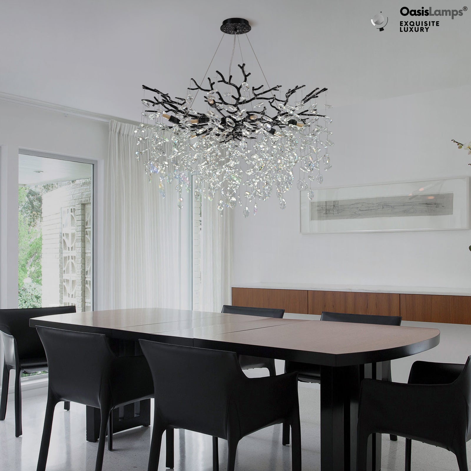 Frostleaf Cascade Branch Crystal Round Chandelier 30" 40" D#color_black,size_D-30inches