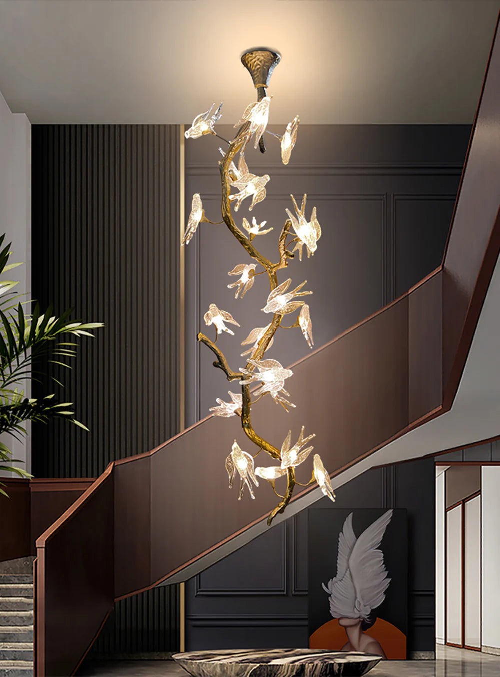 Birdy Glass Tree Branch Long Staircase Chandelier