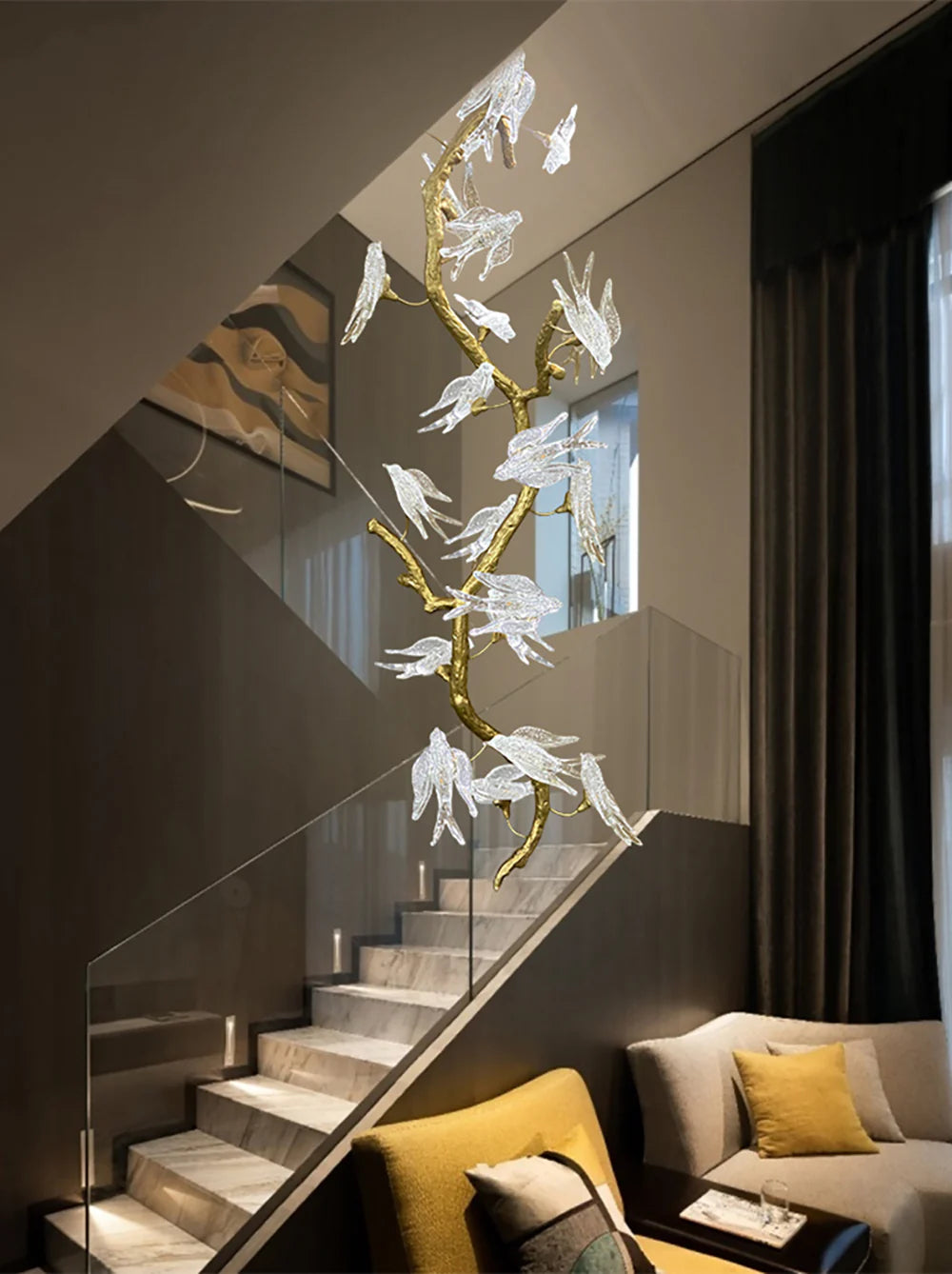 Birdy Glass Tree Branch Long Staircase Chandelier