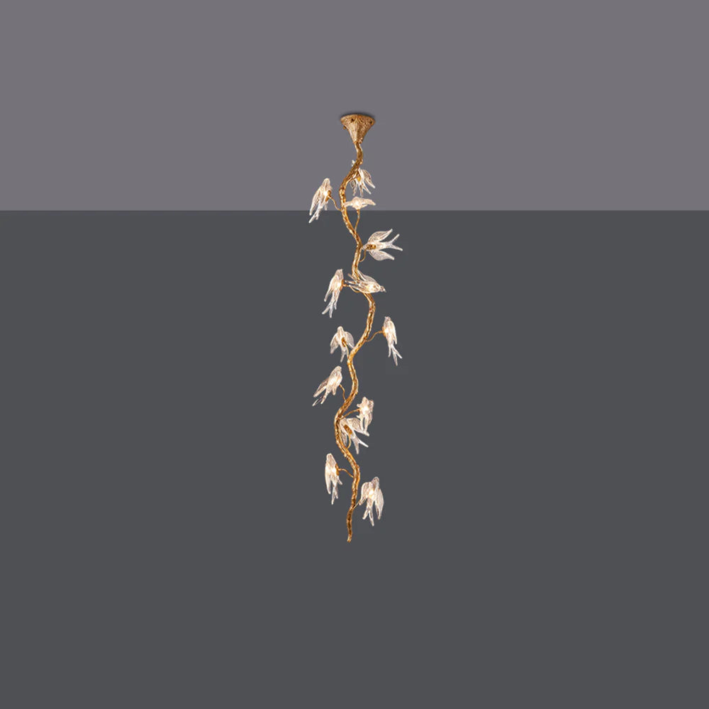 Birdy Glass Tree Branch Long Staircase Chandelier