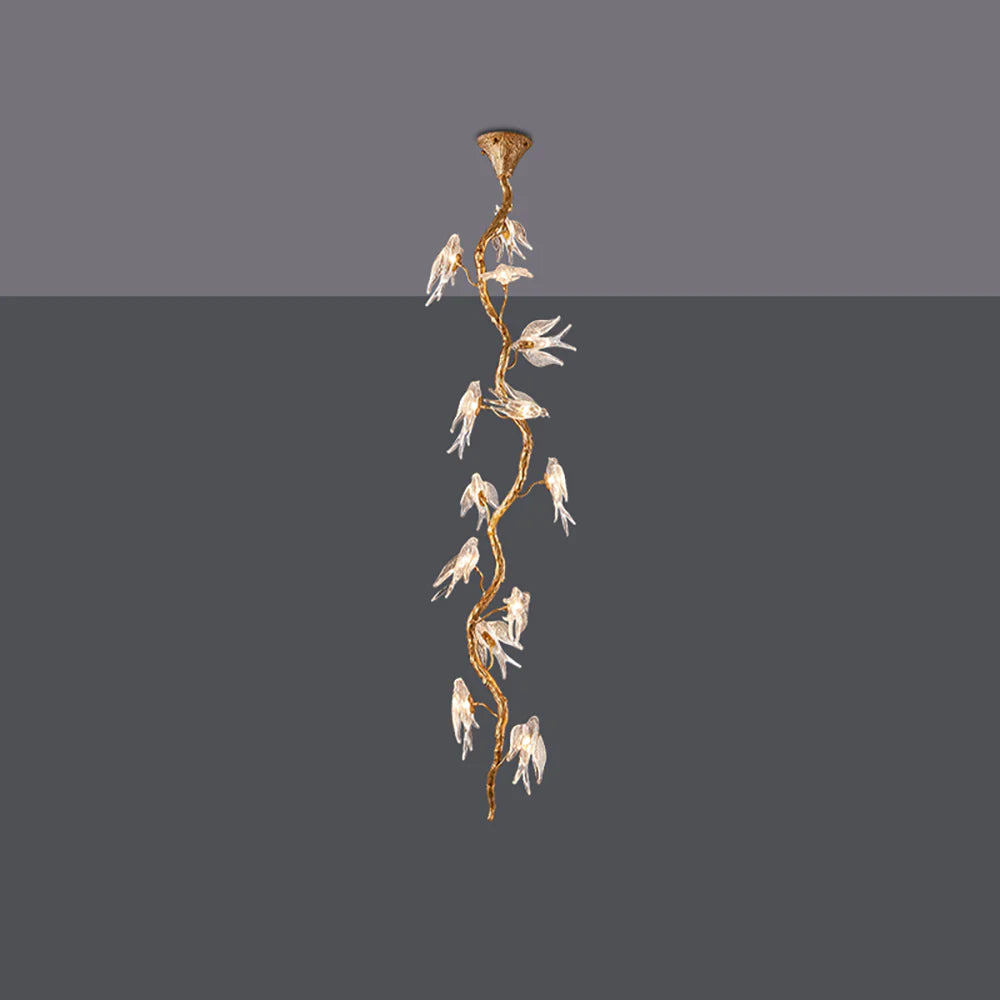 Birdy Glass Tree Branch Long Staircase Chandelier