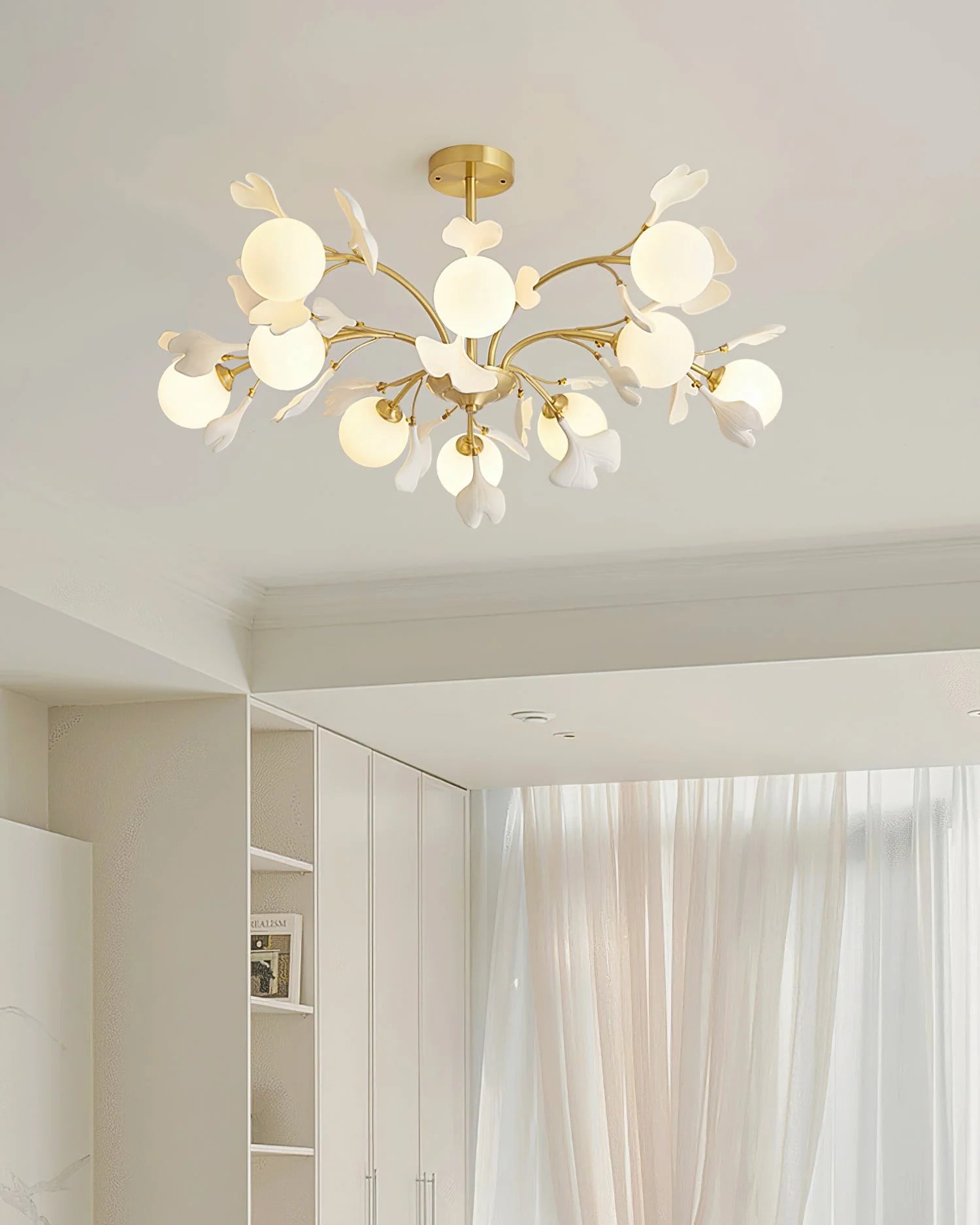 Twilight Branches Ceramic Gingko Chandelier#size_Dia 38.5”(98cm) x H 15”(38cm),colour_brass+white