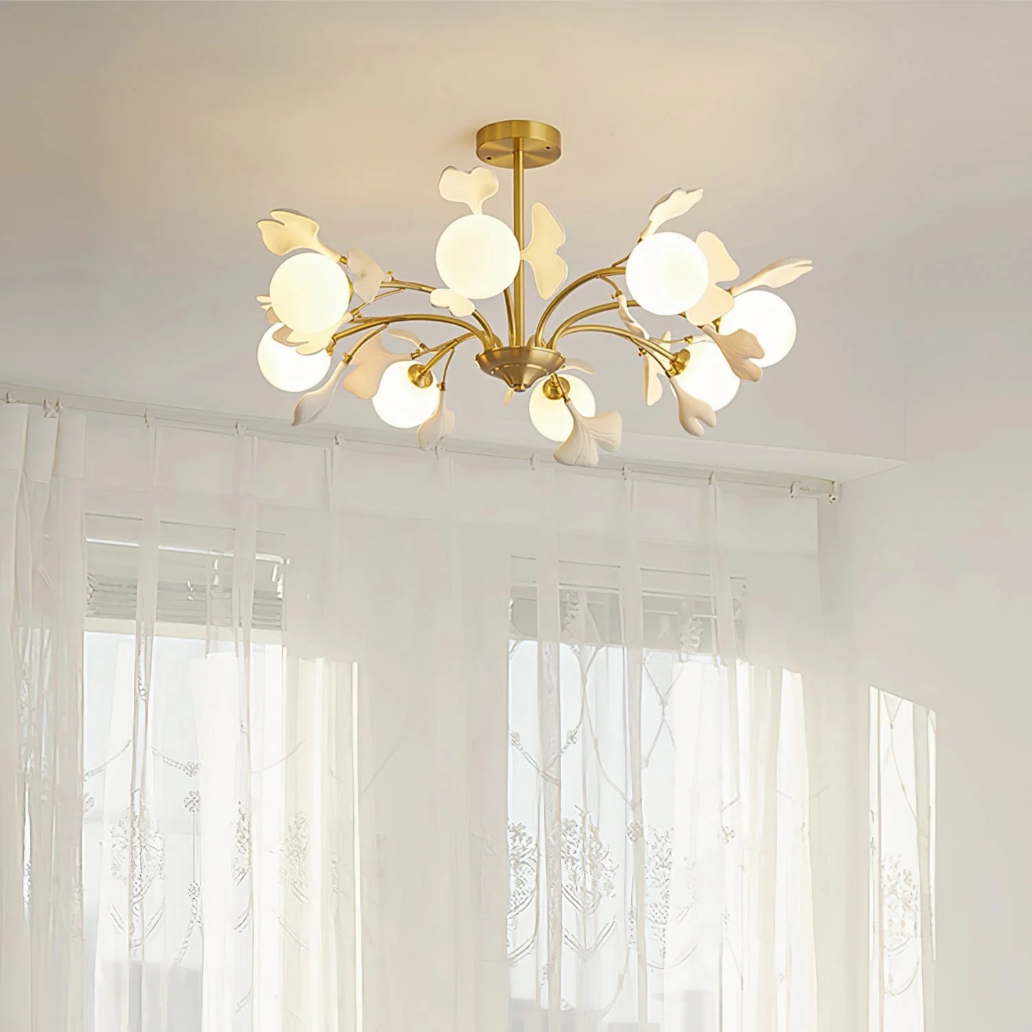 Twilight Branches Ceramic Gingko Chandelier#size_Dia 31.4”(80cm) x H 15”(38cm),colour_brass+white