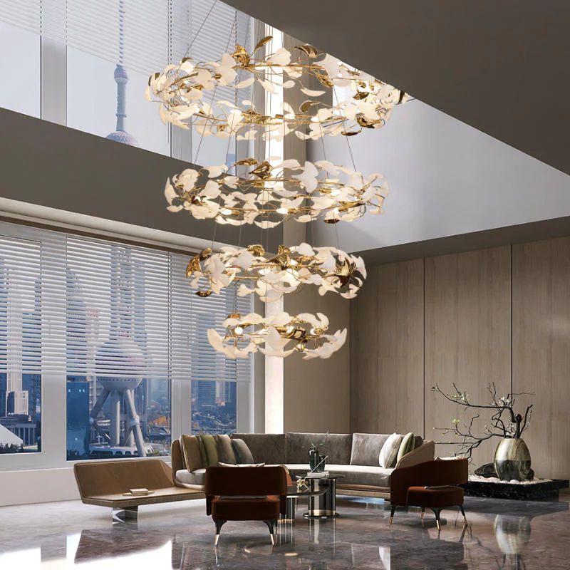 Twilight Branches Ceramic Ginkgo Rings Linear Chandelier#leaves color_White + gold accents