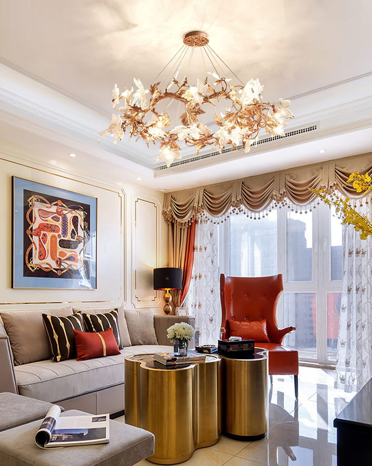 Flora Leaf Branch Brass Chandelier