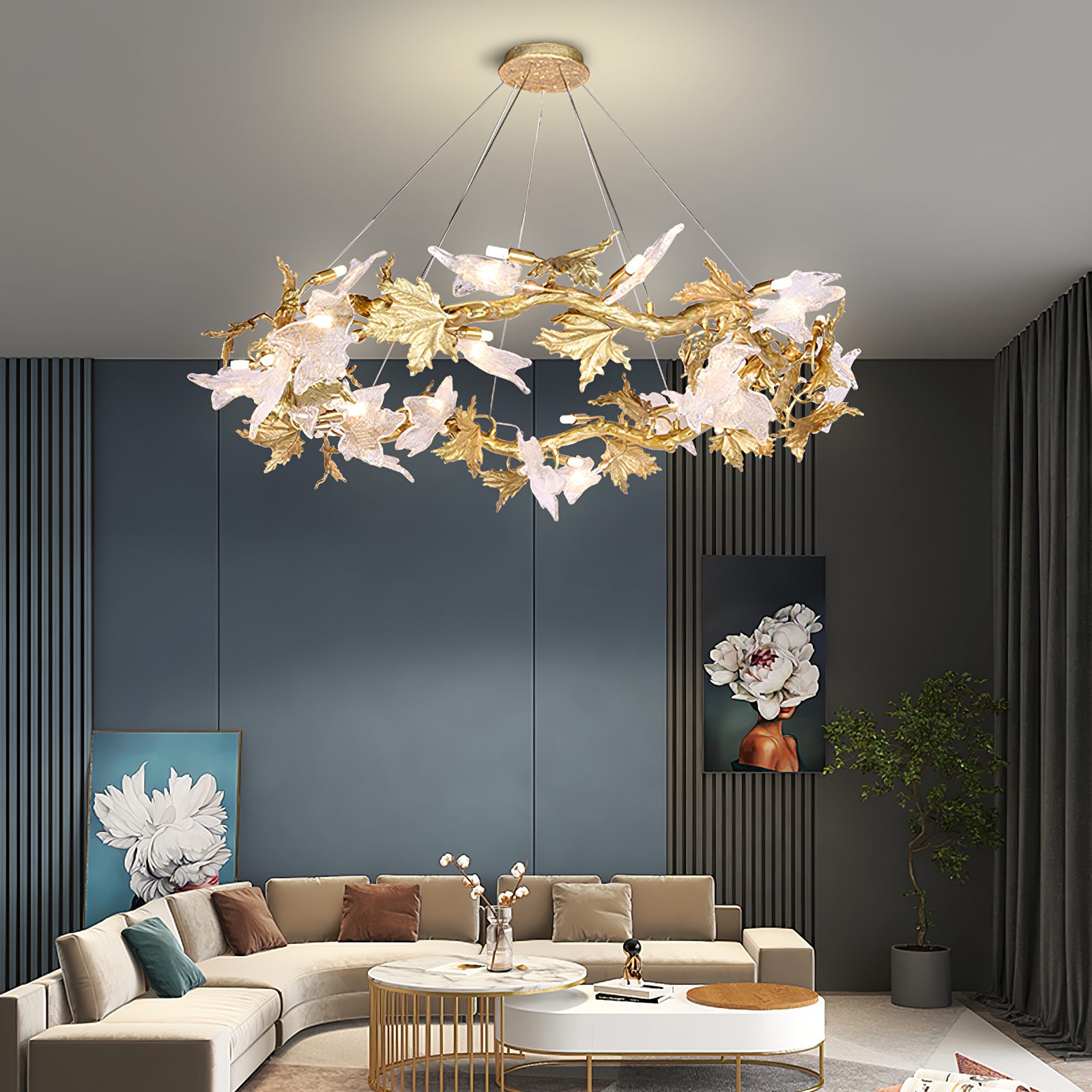 Flora Leaf Branch Brass Chandelier
